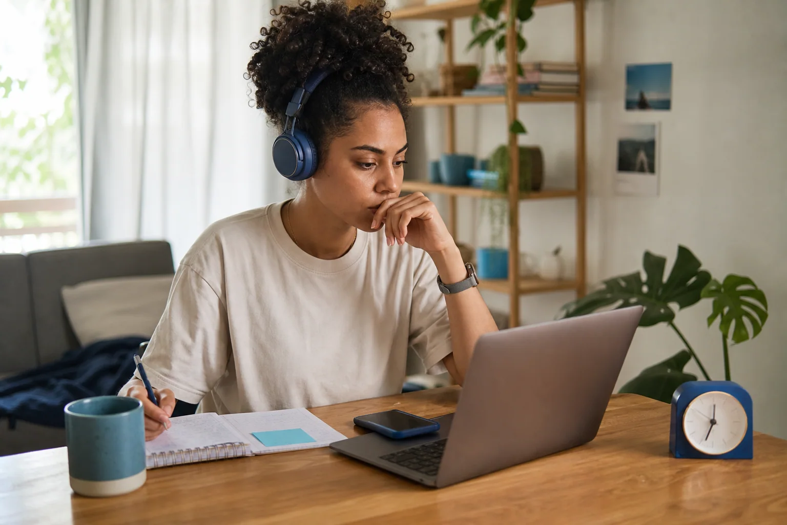 Pessoa jovem adulta em casa avalia no notebook se um curso online de inglês cabe na rotina, com caderno, celular e fones sobre a mesa.