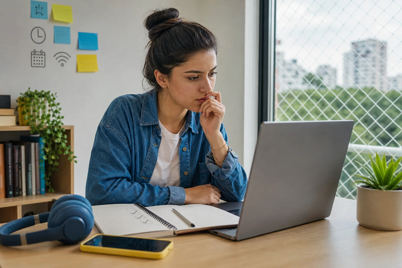 Jovem analisando no notebook se um curso gratuito de inglês e tecnologia cabe em sua rotina, com checklist e anotações sobre a mesa.