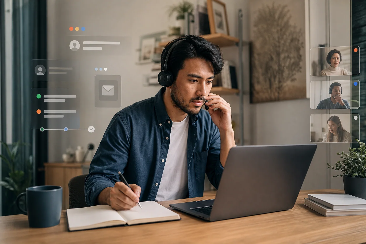 Profissional em home office digitando no laptop durante comunicação remota, com elementos visuais sutis que sugerem alinhamento de prazo, contexto e atualização de status.