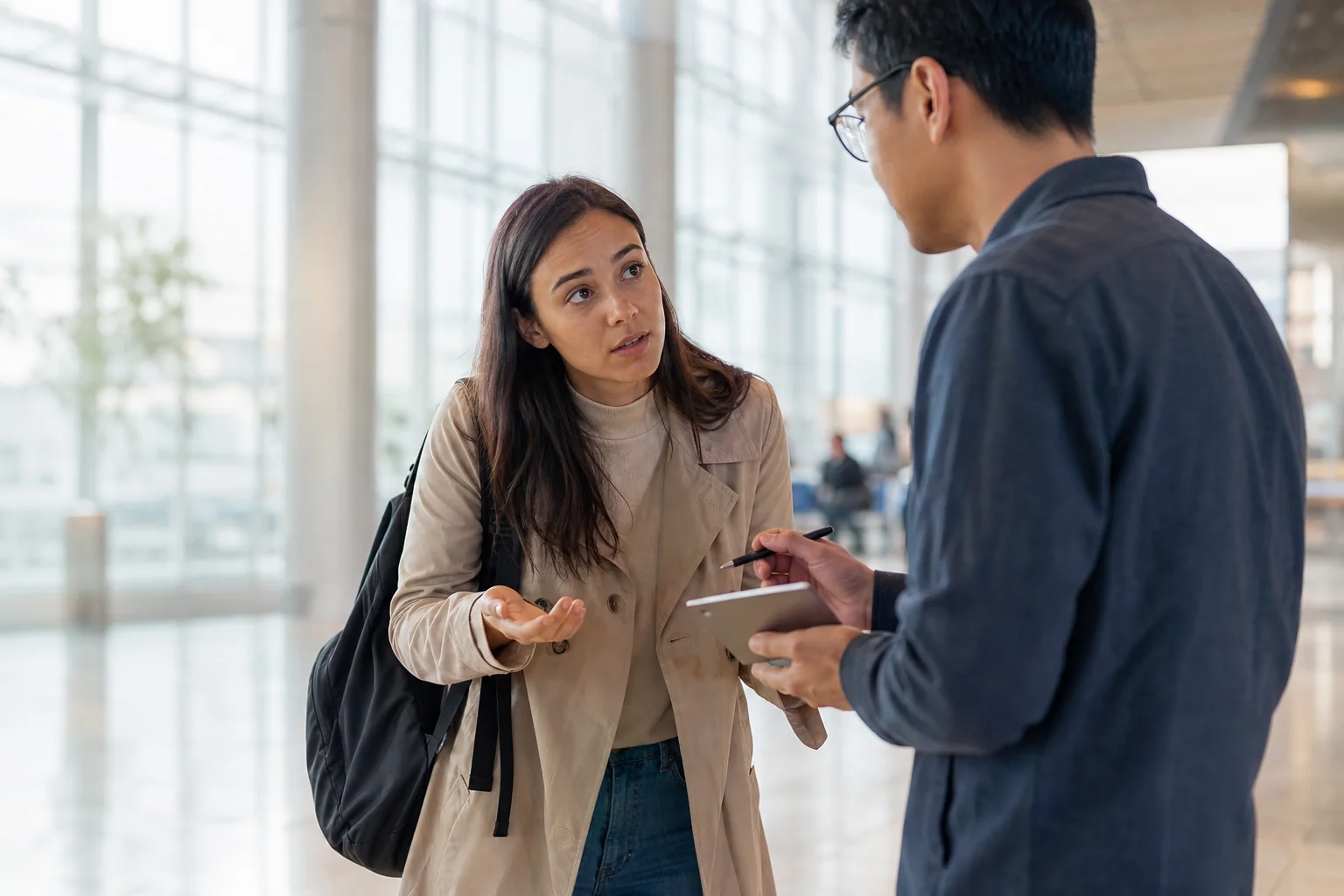 Pessoa pedindo ajuda com educação a outra em um ambiente público, em cena que sugere comunicação em inglês de forma natural.
