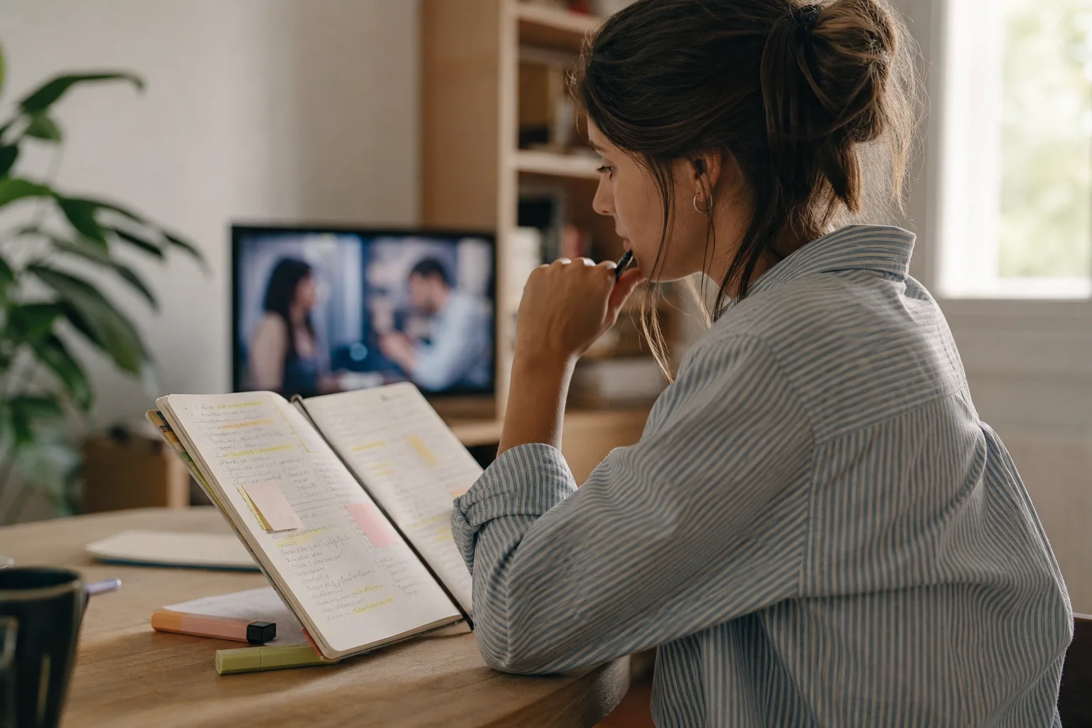Pessoa estudando inglês com uma série ao fundo, fazendo anotações e selecionando expressões úteis em um ambiente cotidiano.