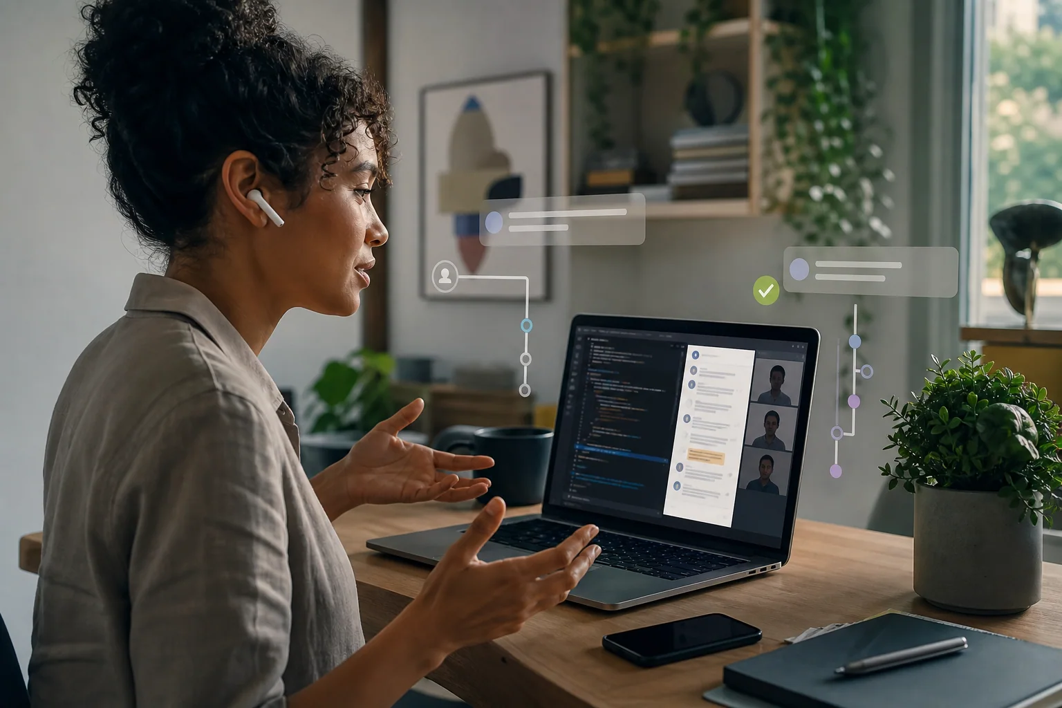 Desenvolvedor em workspace moderno analisando código e conversas curtas de equipe em laptop, em uma cena editorial que representa comunicação clara em daily, PR e chat.