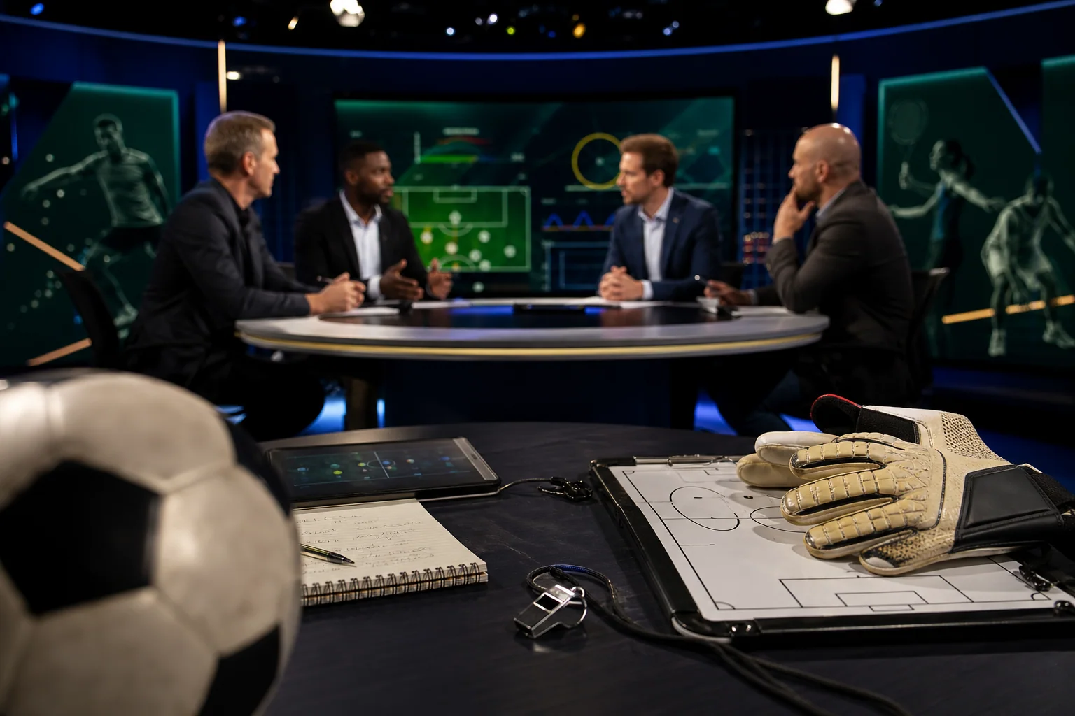 Mesa de análise esportiva com objetos de jogo e telas desfocadas ao fundo, sugerindo interpretação de notícias e vocabulário esportivo em inglês.