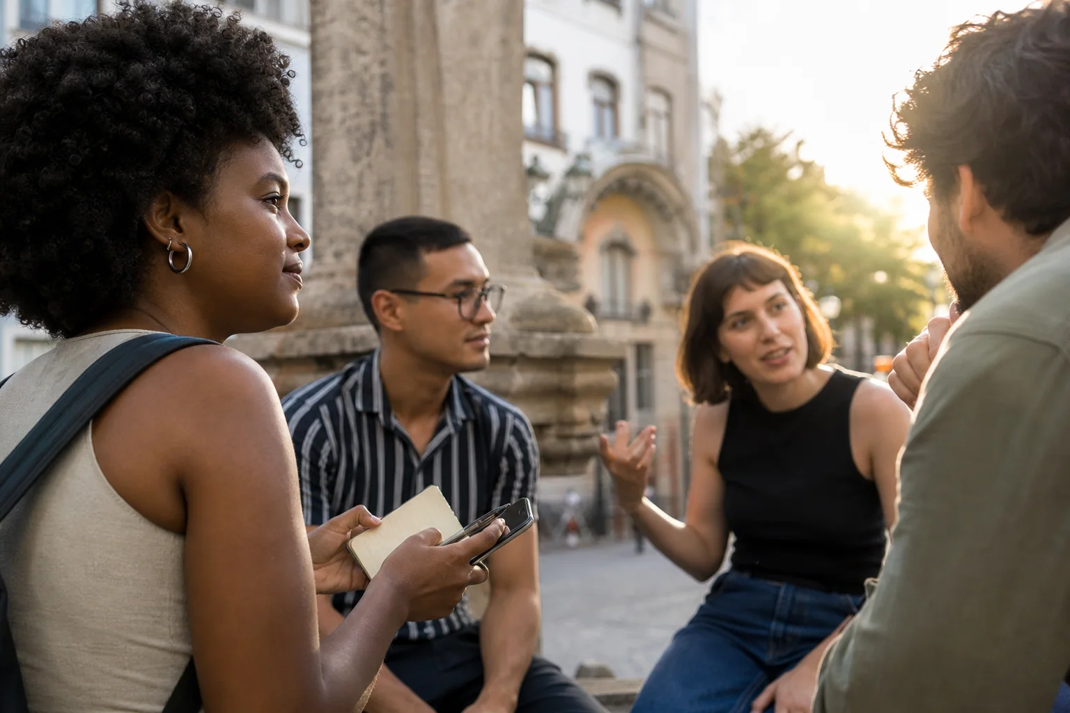 Grupo pequeno de adultos conversando em inglês durante um passeio urbano, enquanto uma participante registra poucas anotações para continuar estudando depois.