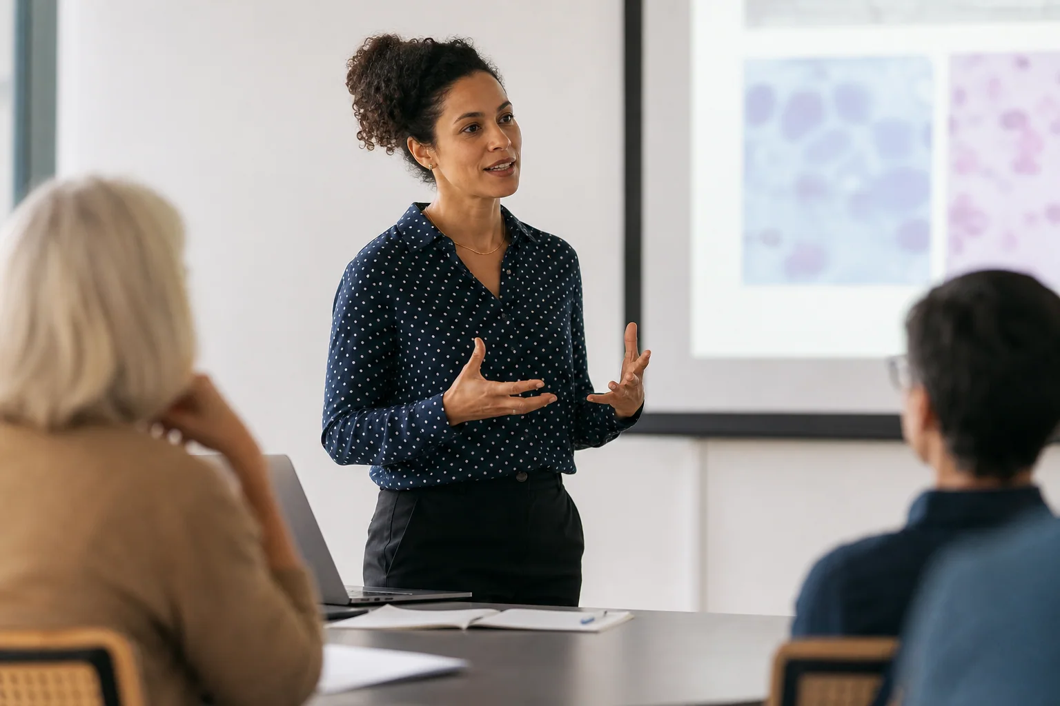 Professora apresenta conteúdo em inglês para um pequeno grupo em ambiente universitário, com gesto de explicação claro e atmosfera acadêmica natural.