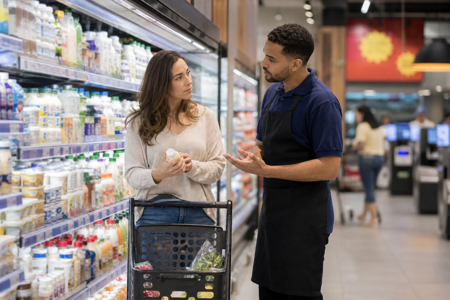 Pessoa pede ajuda a um funcionário em um supermercado, entre prateleiras e carrinho de compras, em cena cotidiana e natural.