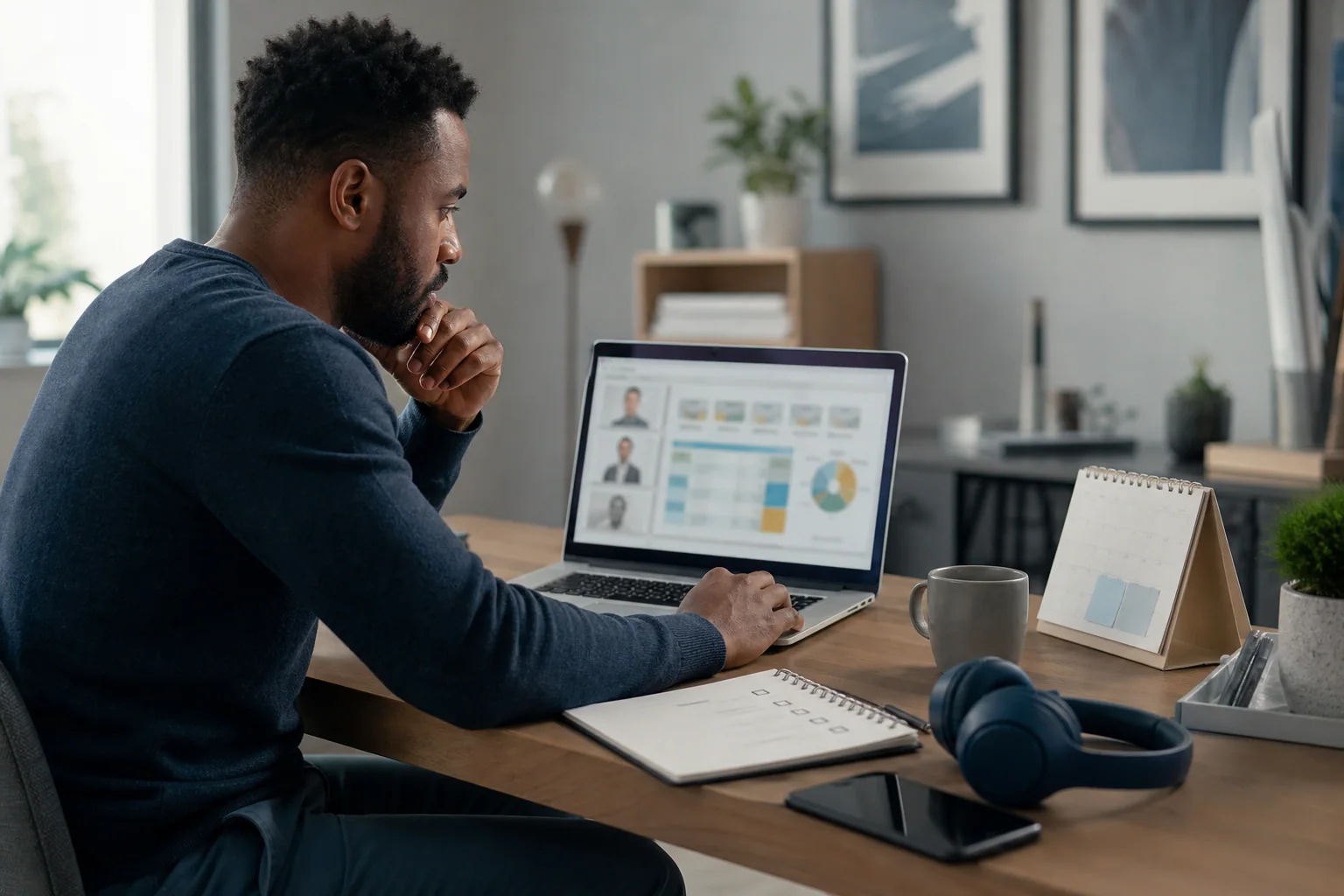 Profissional em mesa de trabalho avaliando cursos online no laptop com checklist e materiais de estudo em um ambiente organizado.