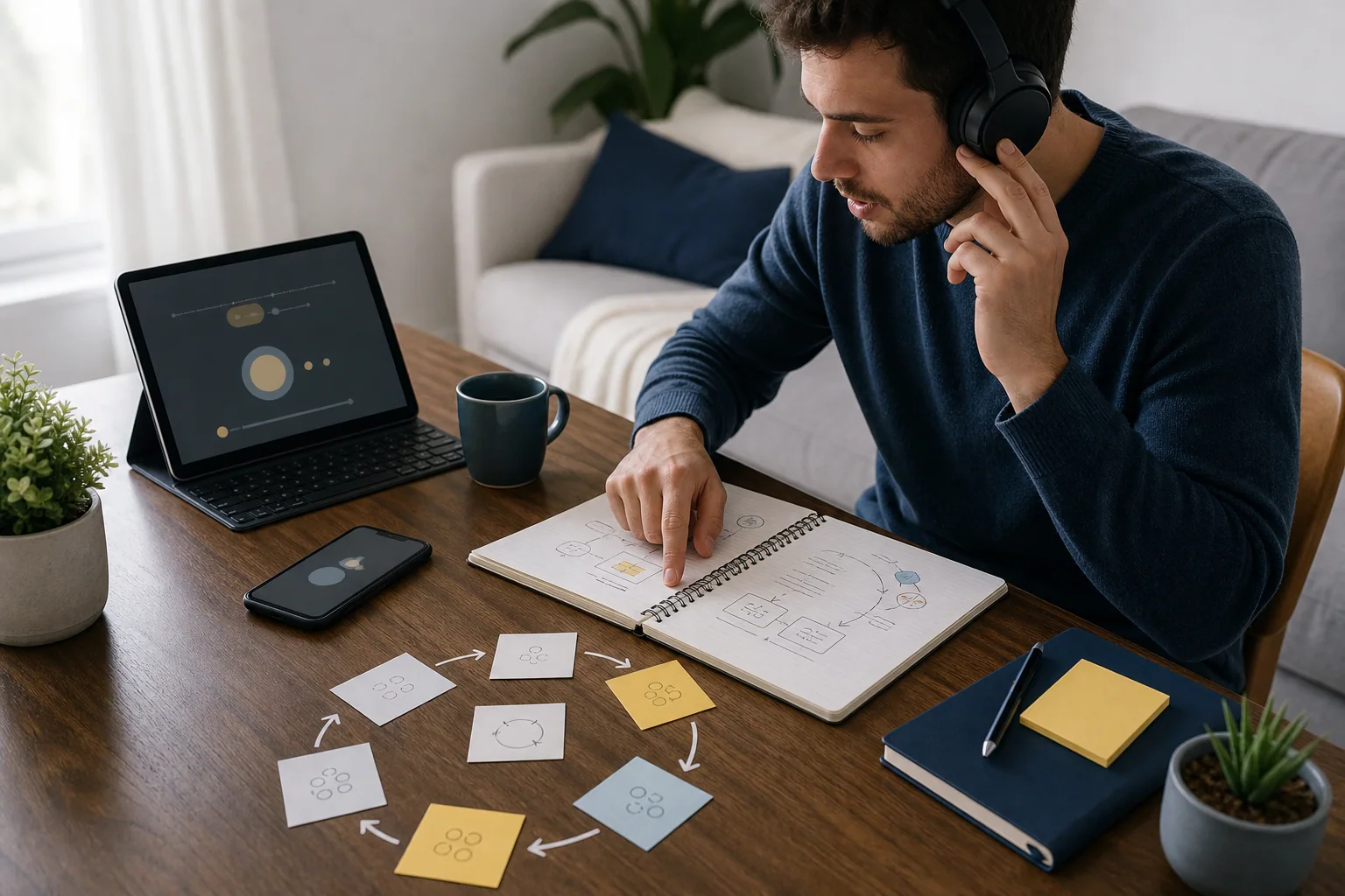 Pessoa estudando inglês em casa com caderno, dispositivo digital e notas organizadas para revisão e prática de fala.