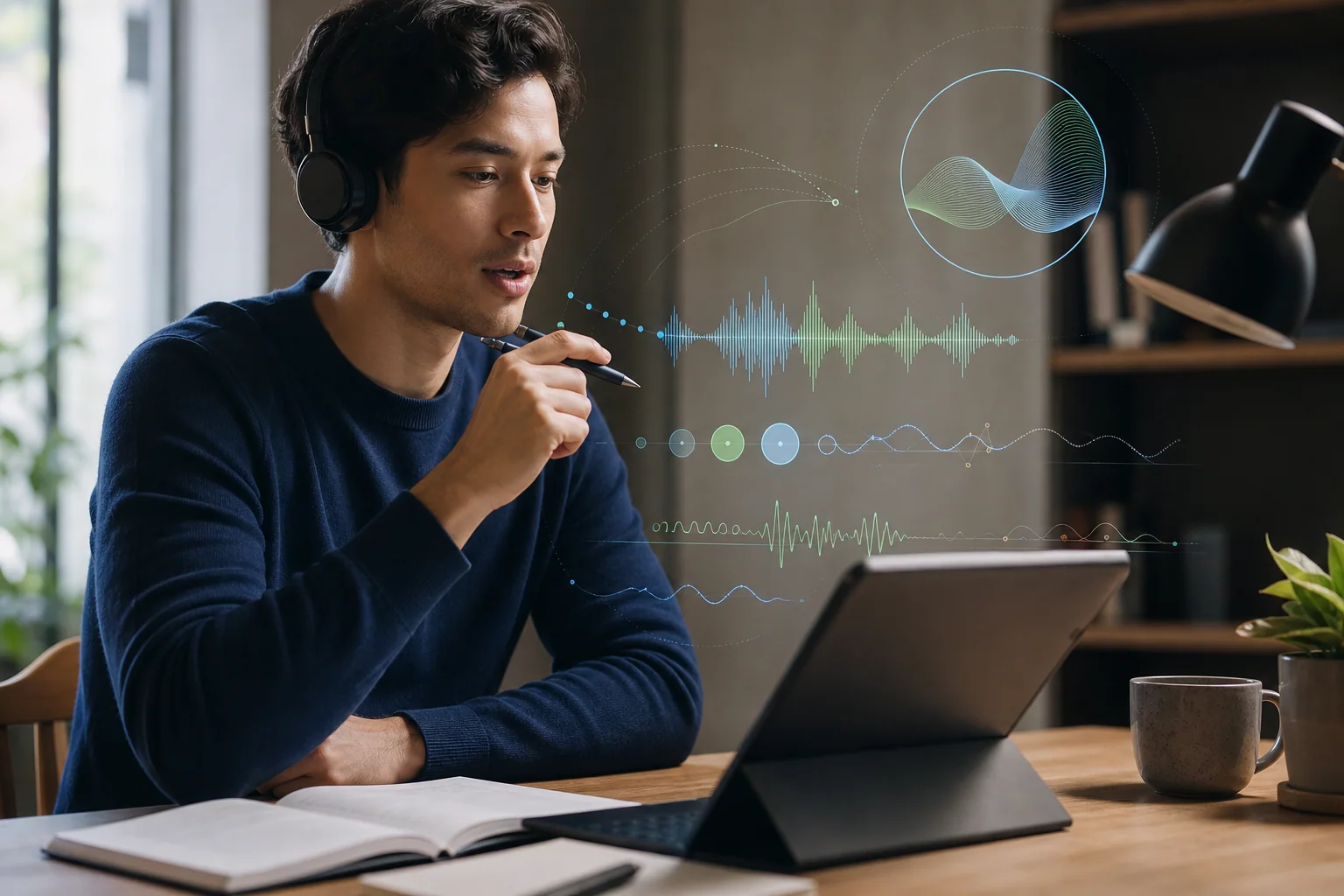 Pessoa treinando pronúncia em inglês com apoio de IA em um ambiente de estudo, observando visualizações abstratas de áudio que sugerem som, ritmo e contexto.