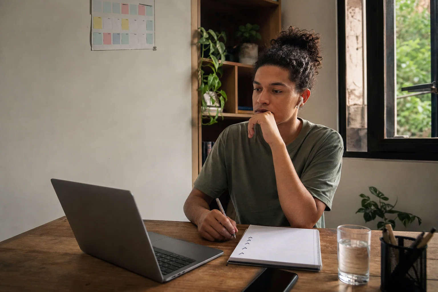 Jovem em casa analisa com atenção se um curso online de inglês cabe na sua rotina, diante de laptop e caderno.