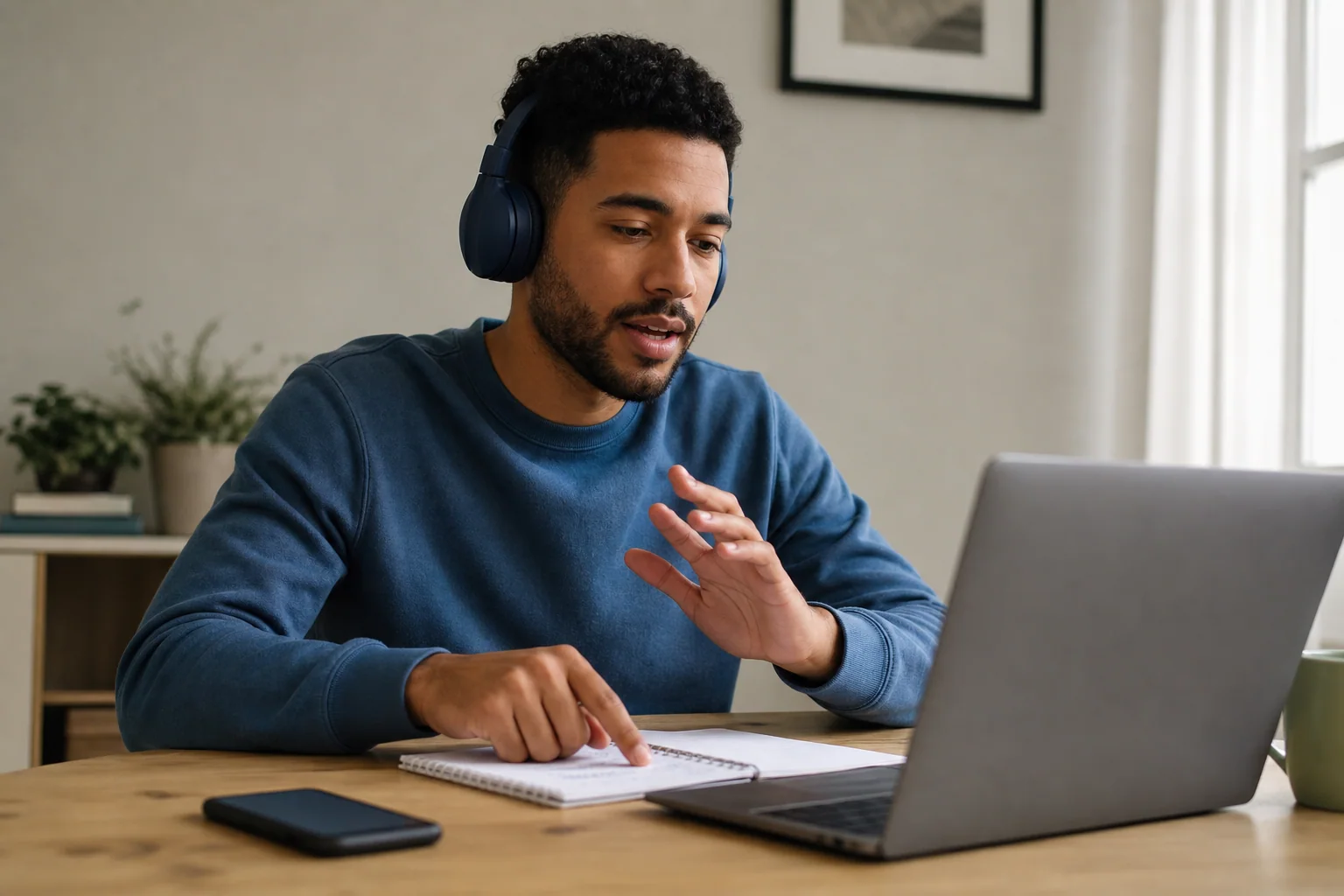 Pessoa estudando inglês em casa em uma mesa organizada, com notebook, caderno e fones, em uma rotina simples e focada.