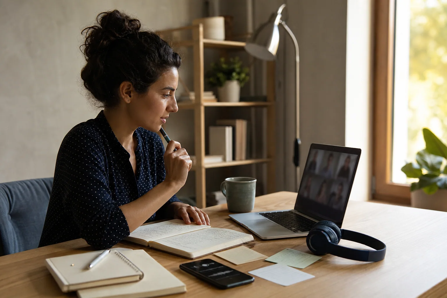 Pessoa revisando anotações após uma aula online de inglês para trabalho em mesa de estudo com notebook e caderno.