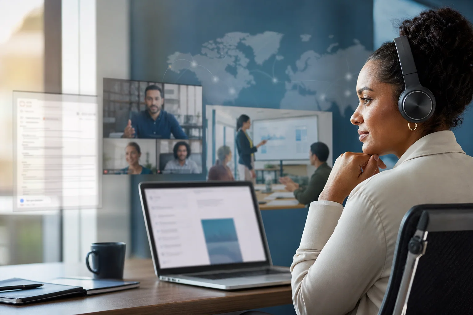 Profissional em ambiente de trabalho com notebook participa de tarefas em inglês, sugerindo leitura, reunião e colaboração internacional.