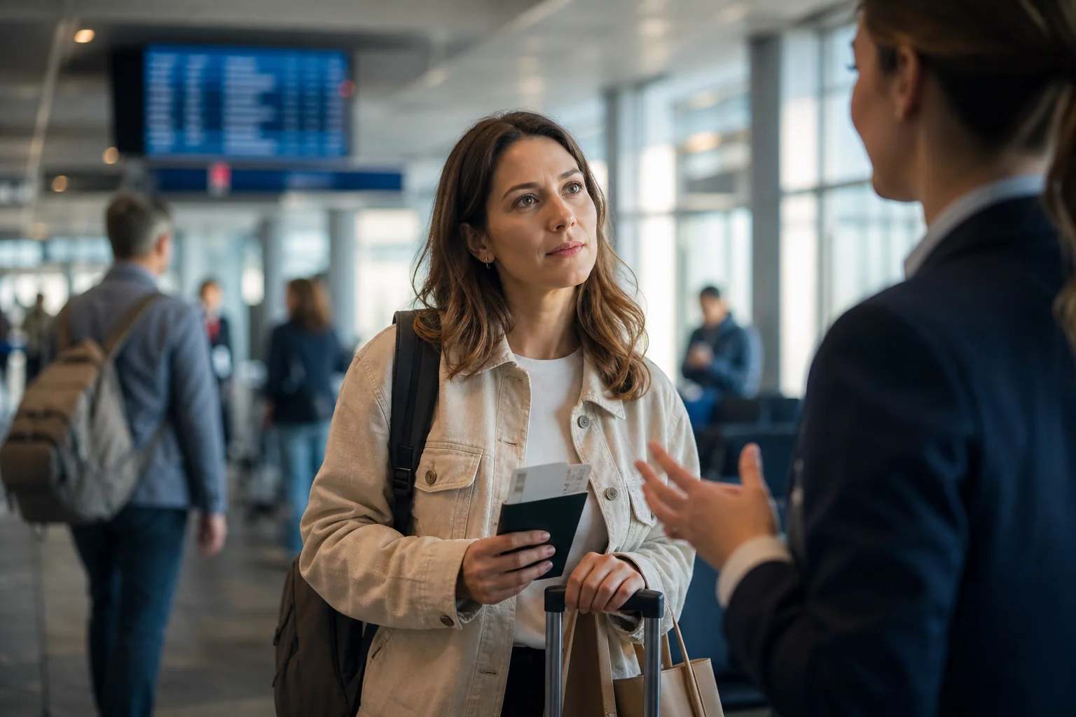 Viajante em um terminal de transporte escuta com atenção uma atendente, segurando documentos, em uma cena que transmite compreensão e calma durante a viagem.