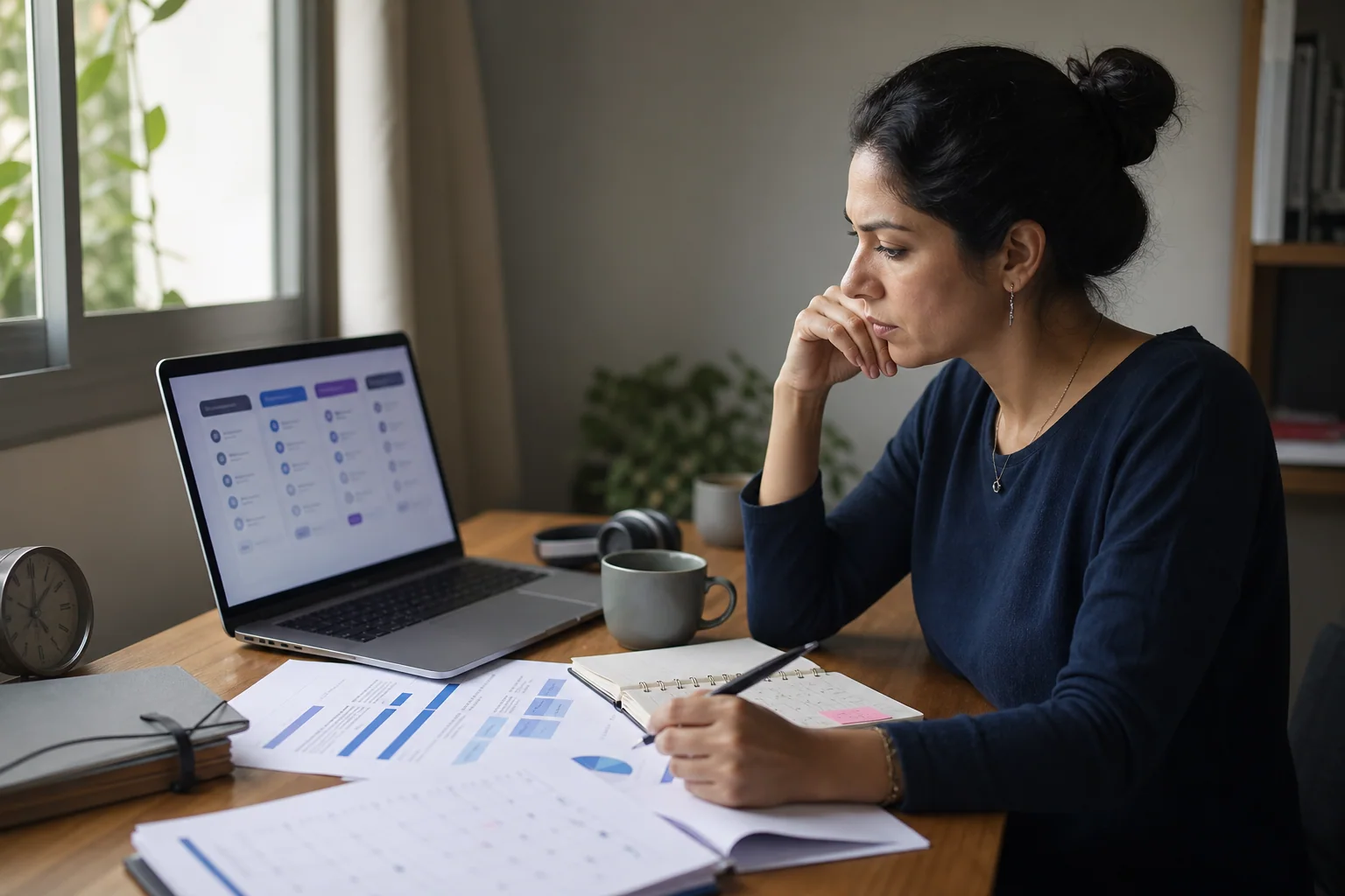 Pessoa adulta analisa opções de cursos de inglês em laptop e documentos, em mesa de estudo organizada, com expressão concentrada.