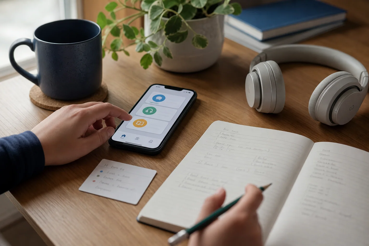 Mesa de estudo com celular, caderno e fones em uma rotina curta e organizada para aprender inglês com foco.