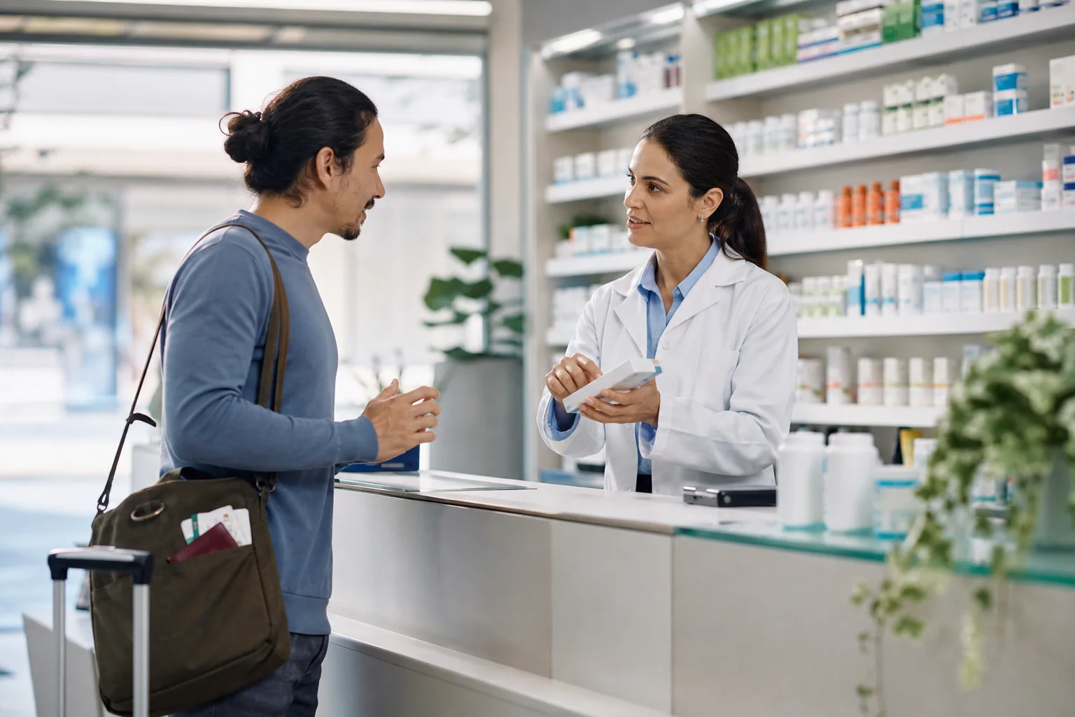 Viajante conversa com farmacêutico em uma farmácia, pedindo orientação sobre remédio e sintomas simples durante uma viagem.