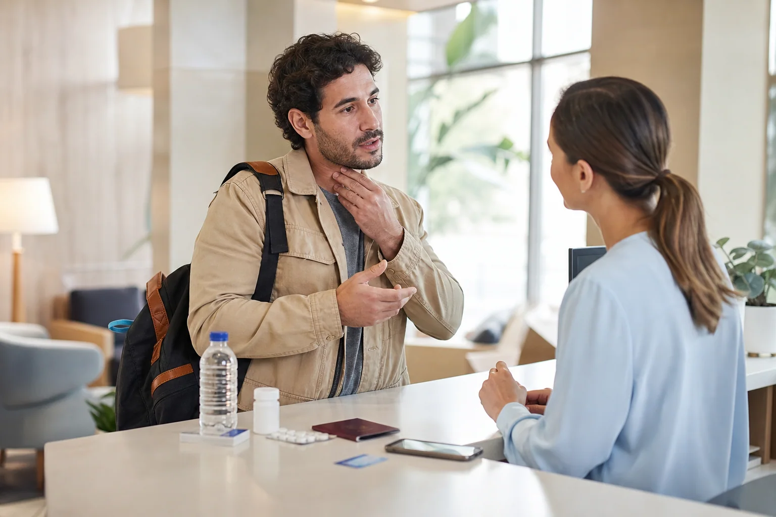Viajante conversa com profissional de saúde em uma clínica durante a viagem, indicando sintomas de garganta em um ambiente calmo e acolhedor.