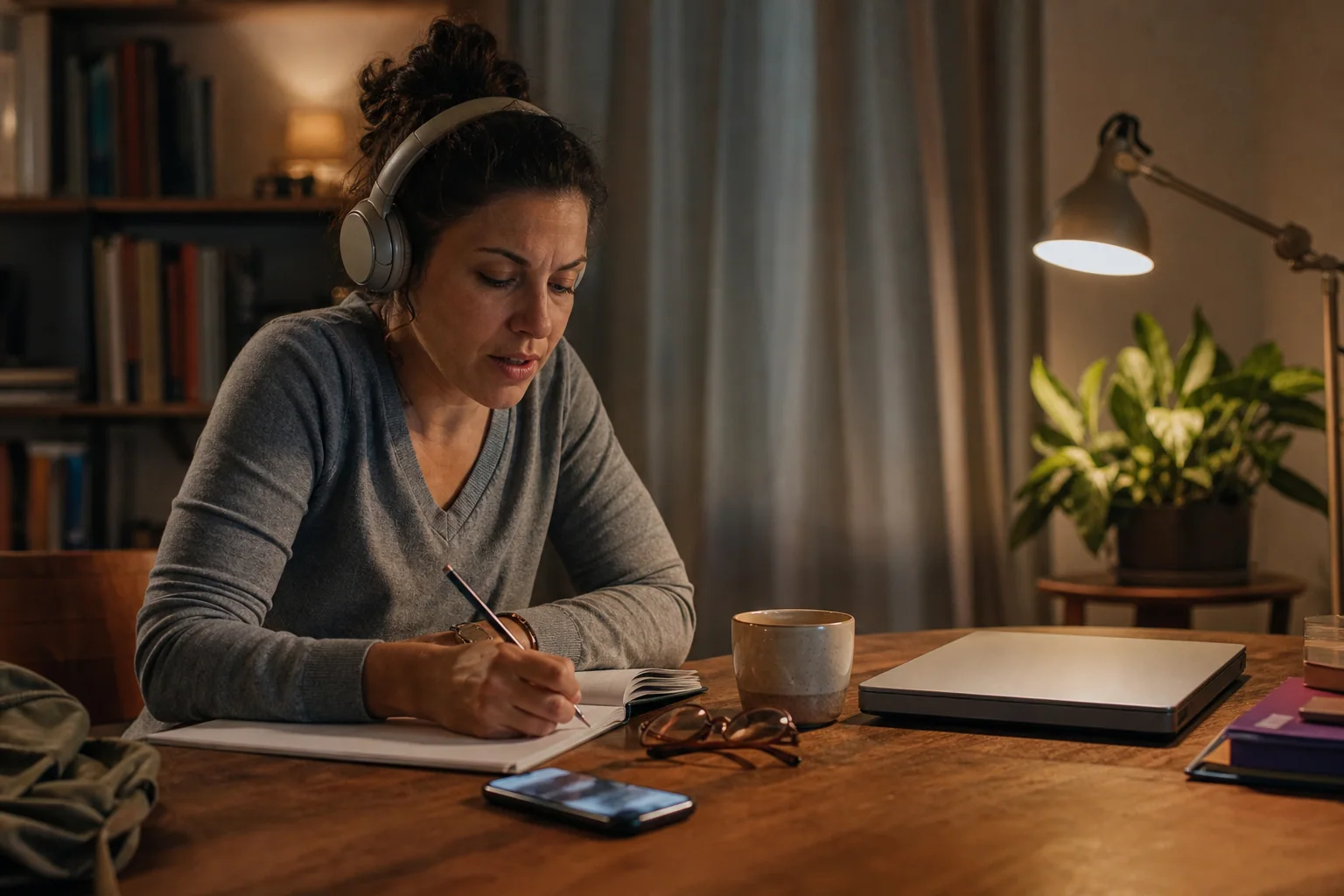 Pessoa adulta estudando inglês em casa à noite, com caderno, fones e luz suave, em uma rotina curta e realista.