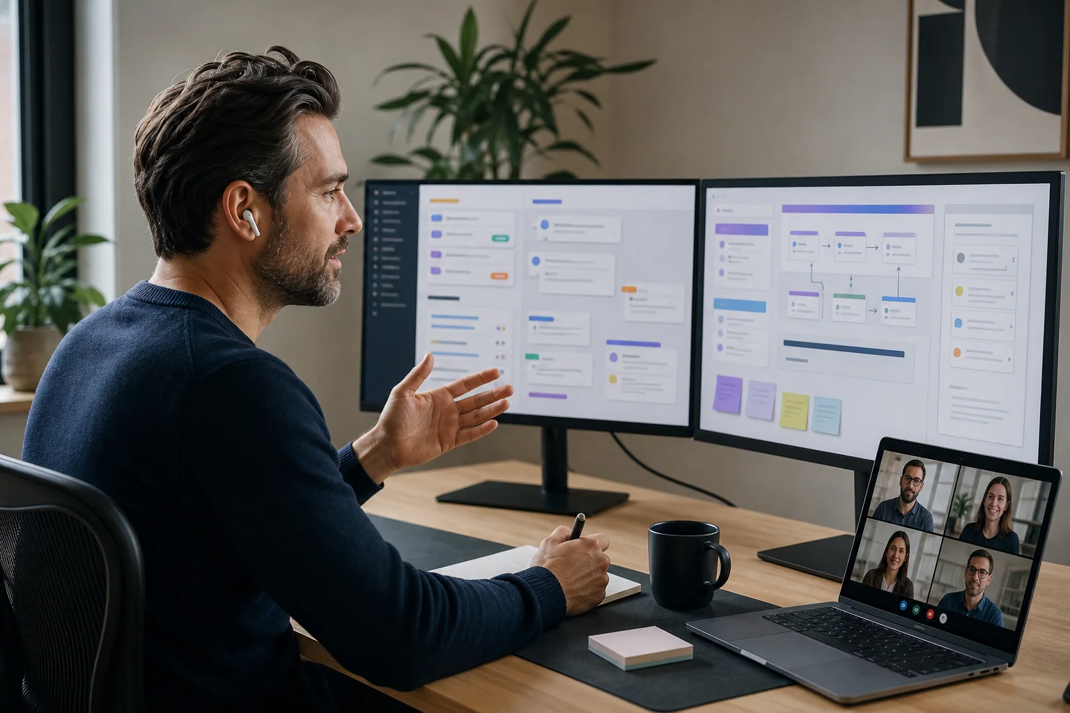 Desenvolvedor em um workspace moderno organizando informações visuais em duas telas, sugerindo clareza na comunicação em daily, issues e pull requests.