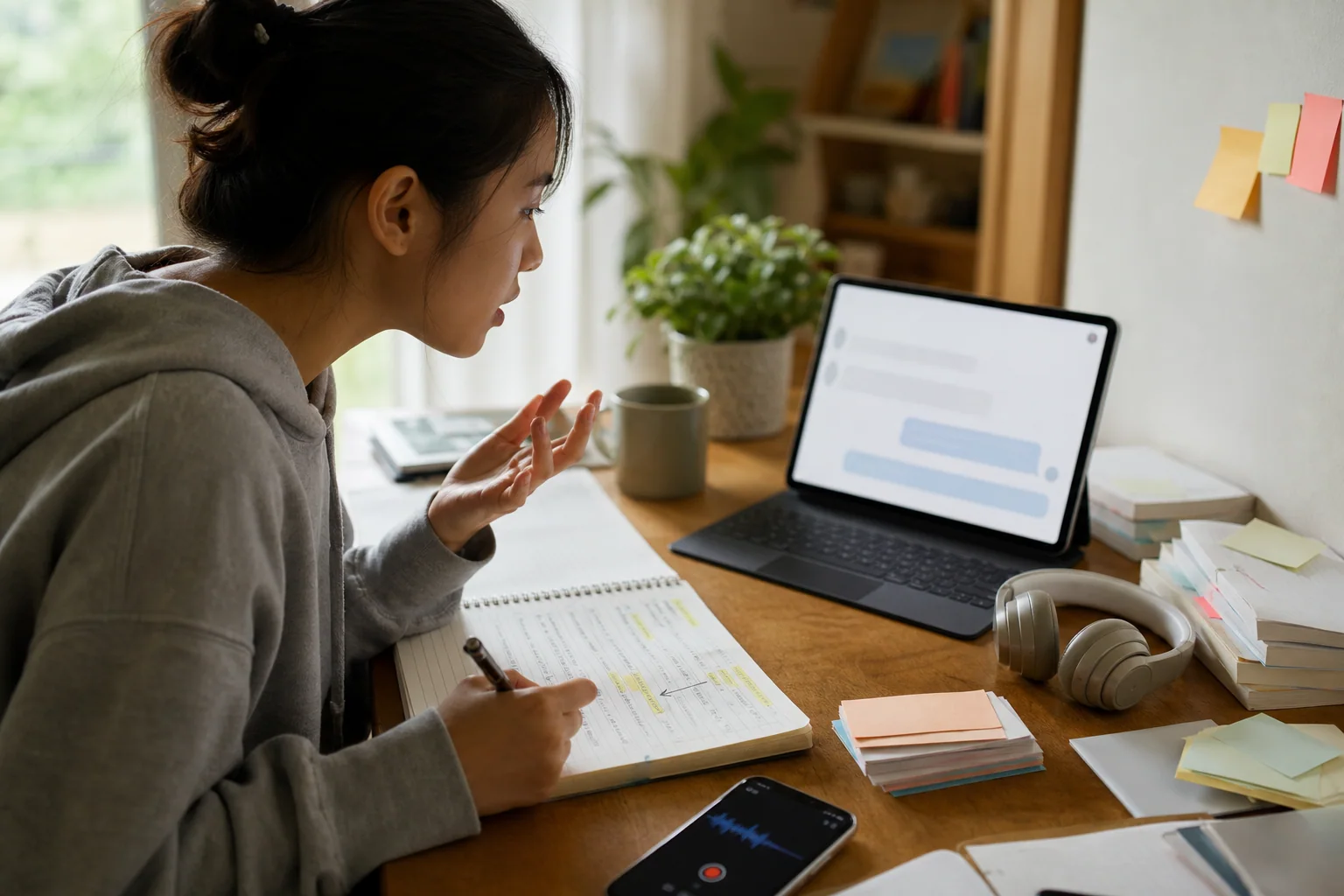 Pessoa estudando inglês de forma ativa com apoio de IA, falando enquanto anota correções em um caderno ao lado do laptop.
