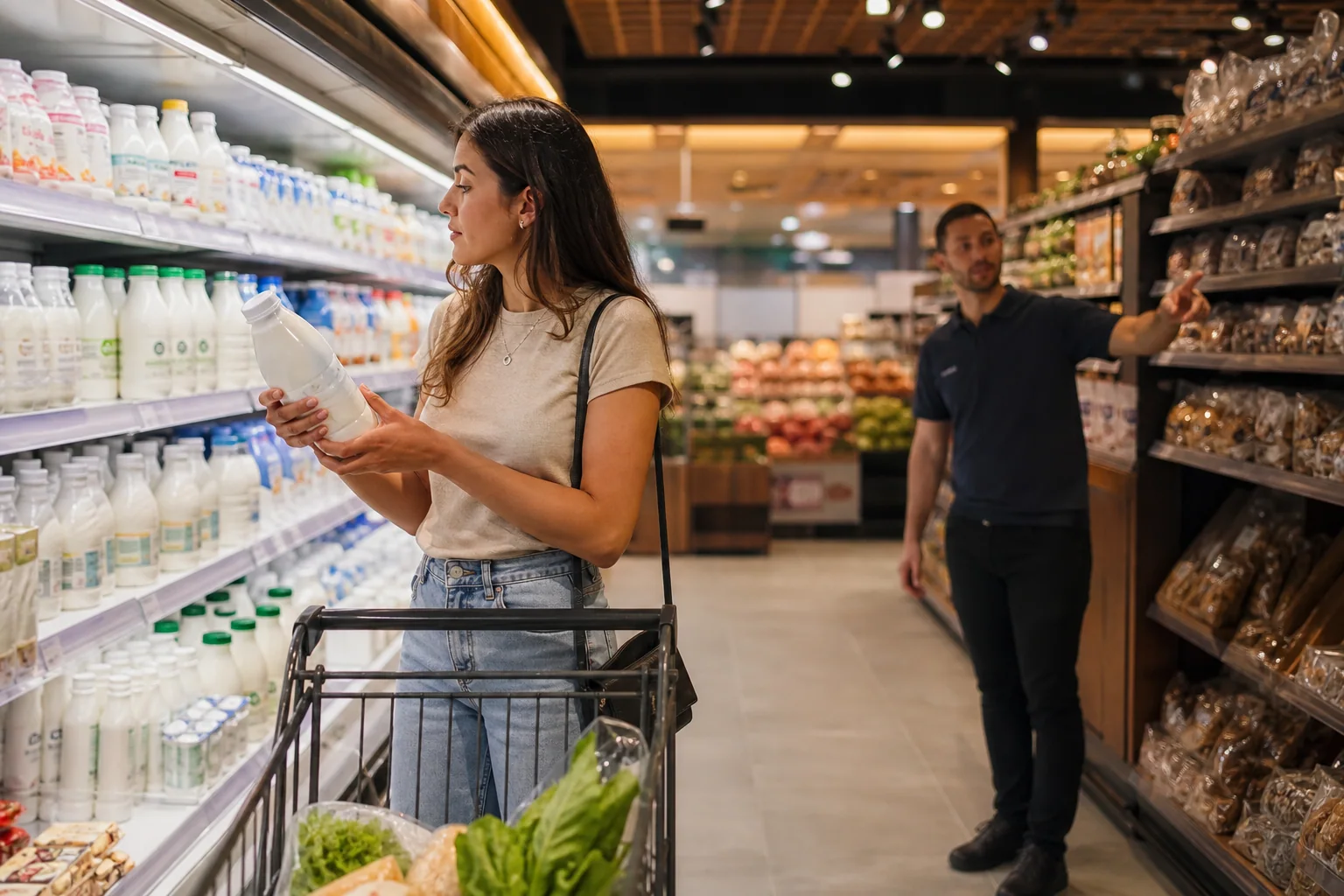 Pessoa fazendo compras em um corredor de supermercado enquanto recebe orientação de um funcionário ao fundo.