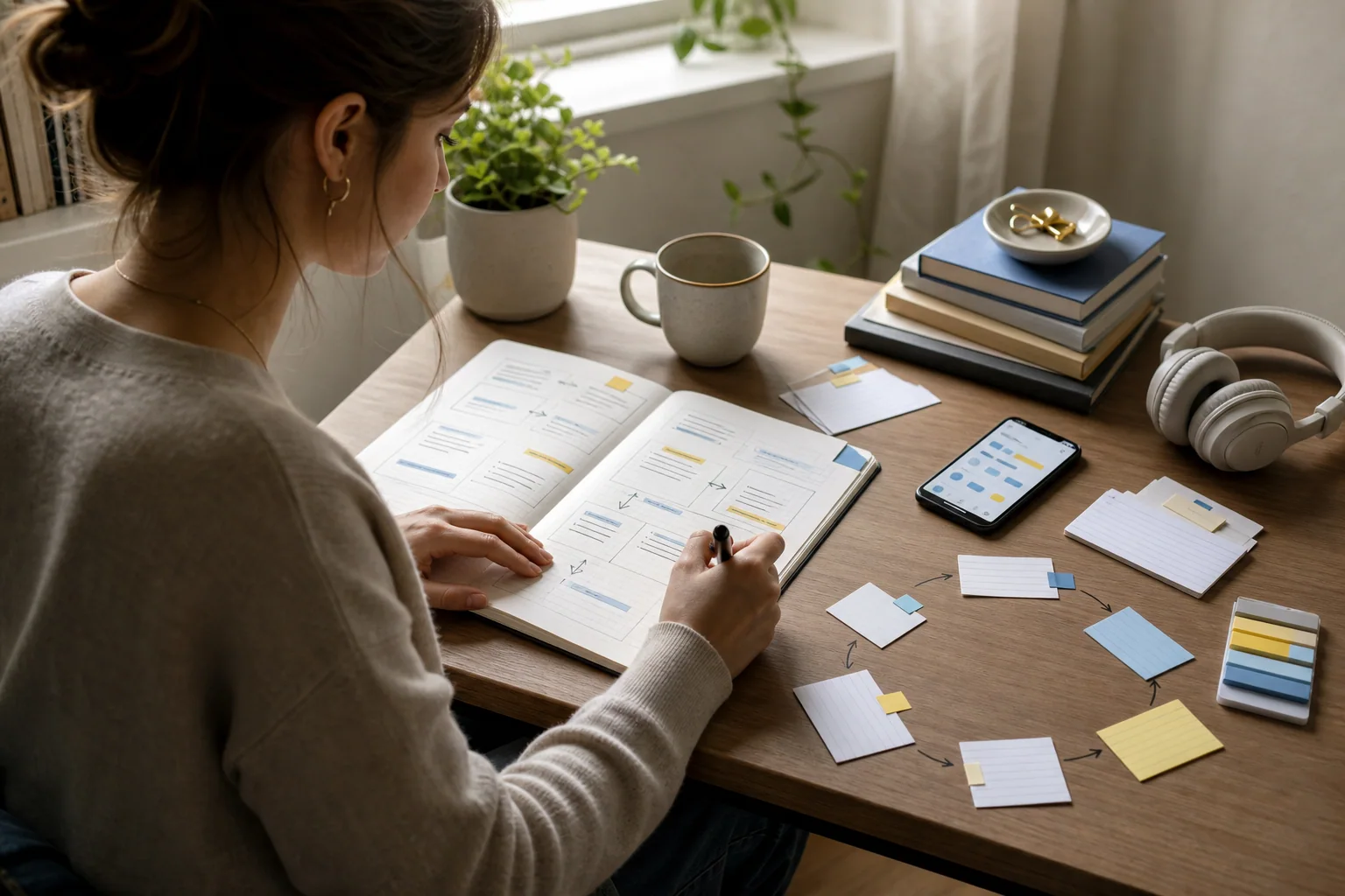 Pessoa estudando vocabulário de inglês em casa com caderno estruturado, cartões e celular, em uma cena que sugere revisão e reutilização das palavras em contexto.