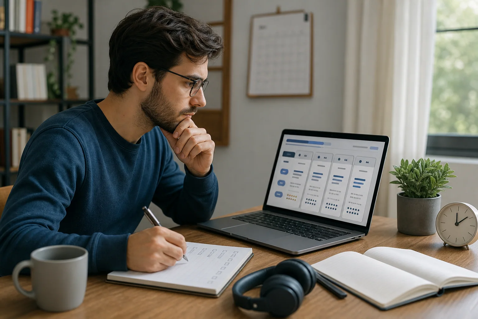 Pessoa analisando opções de curso de inglês no laptop e fazendo anotações em um espaço de estudo, com foco em comparar critérios antes de se inscrever.
