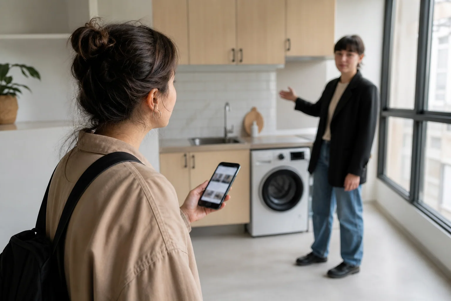 Pessoa visitando um apartamento e consultando no celular um anúncio em inglês enquanto observa detalhes do imóvel.