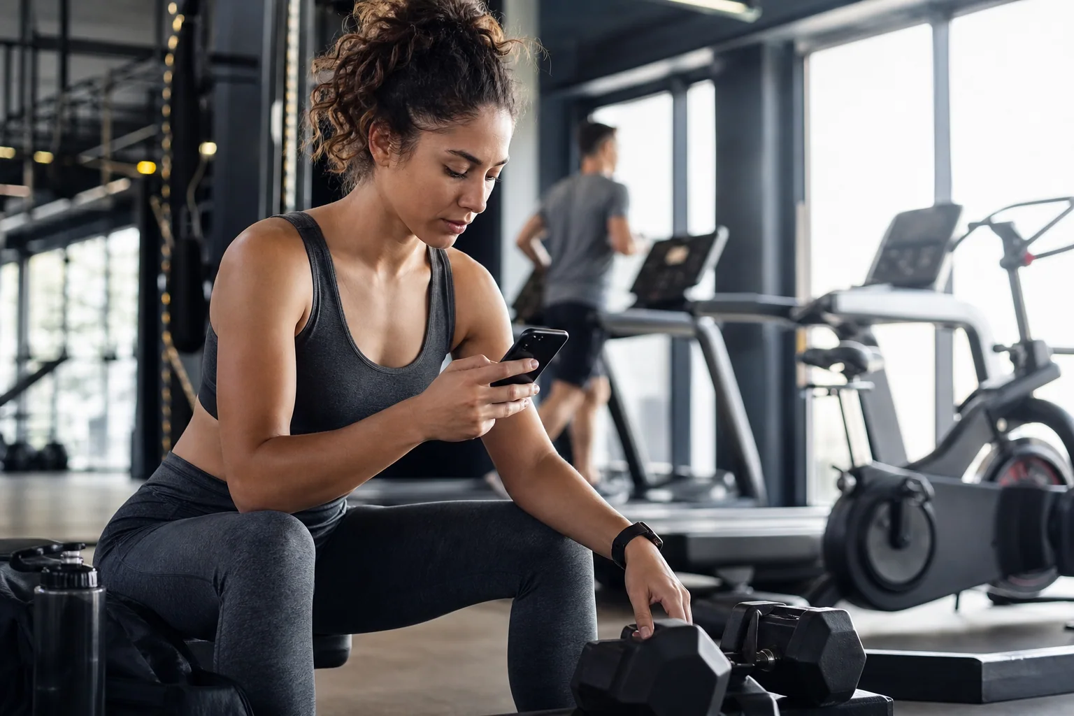 Pessoa em academia consultando um app de treino no celular ao lado de halteres, com esteira e bicicleta ergométrica ao fundo.