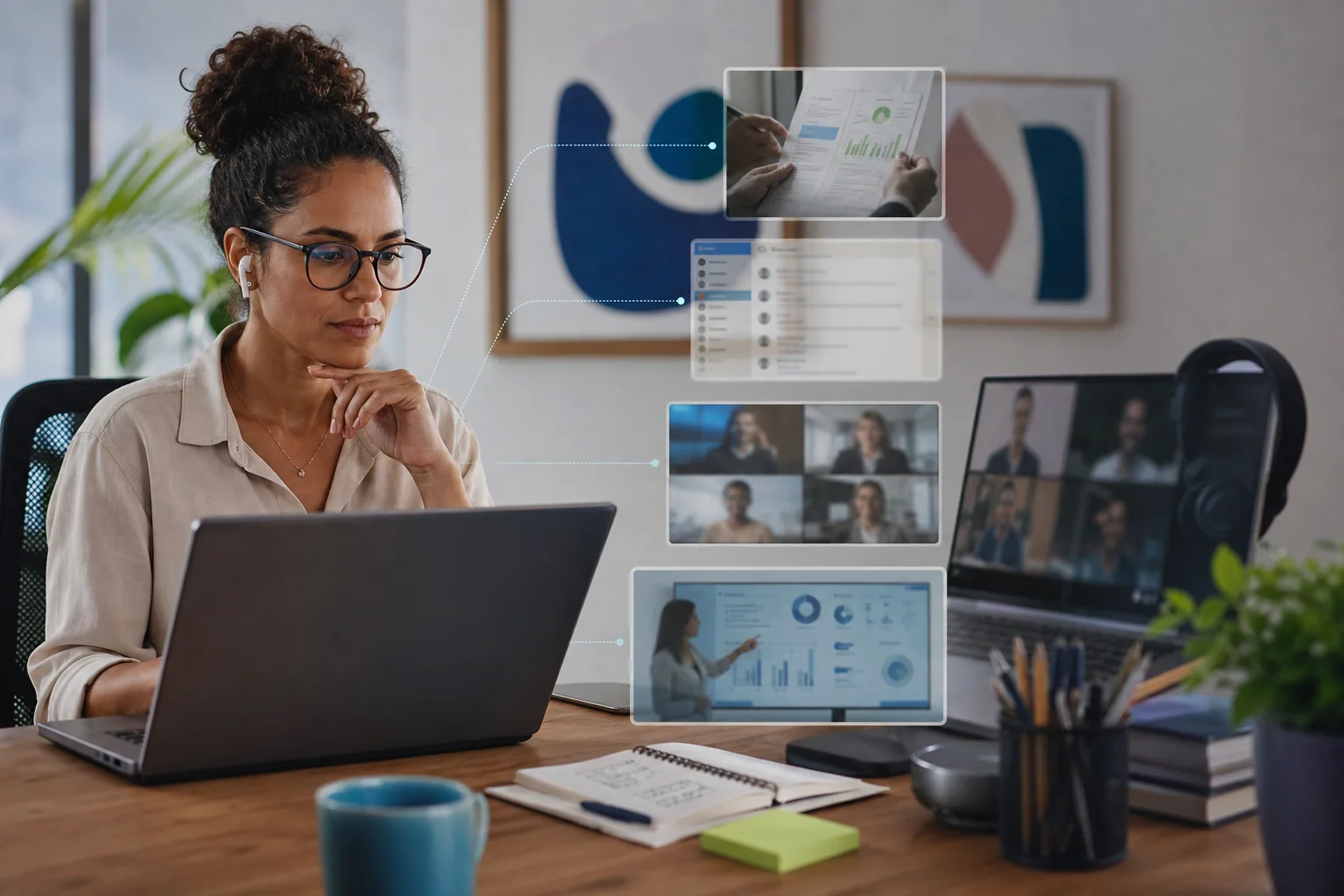 Profissional em escritório moderno usando notebook e recursos de comunicação para representar diferentes níveis de inglês aplicados a tarefas reais de trabalho.