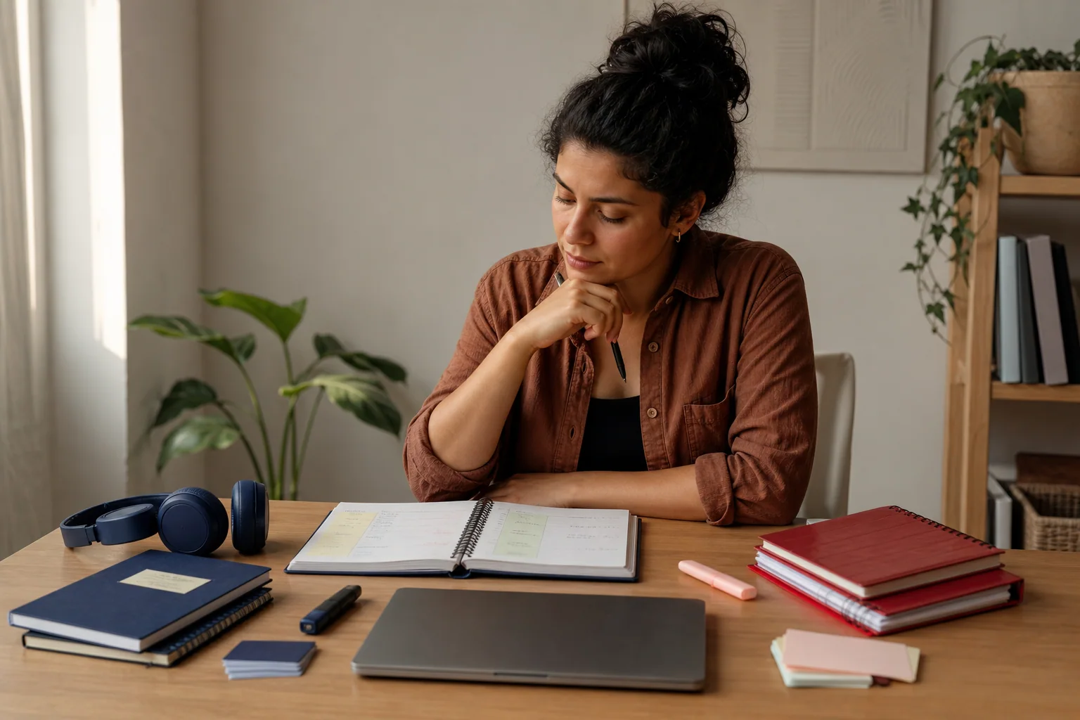 Pessoa organiza dois conjuntos de materiais de estudo em uma mesa, priorizando um idioma principal e mantendo outro como complemento em uma rotina equilibrada.