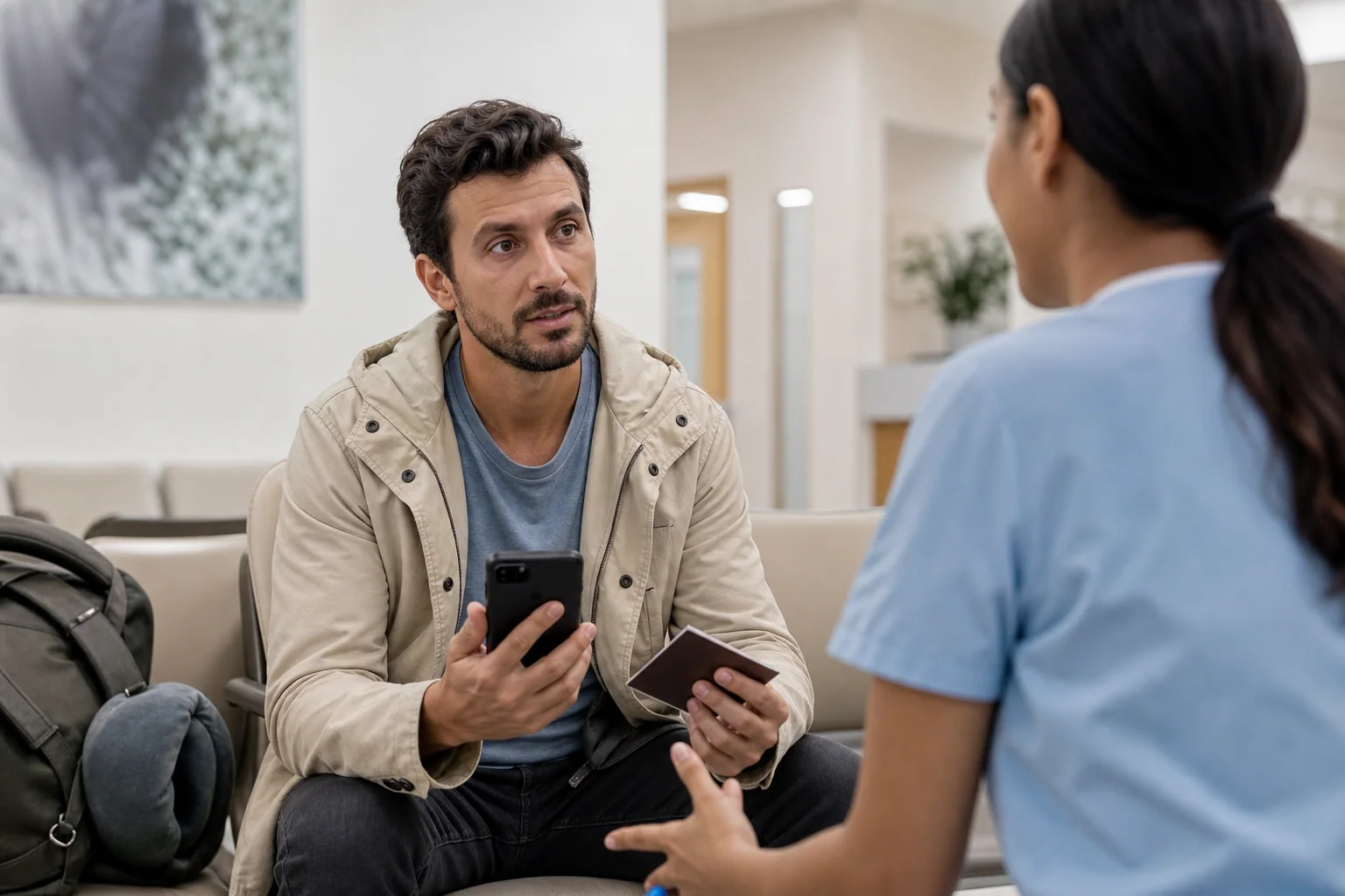 Viajante em clínica ou pronto atendimento usando celular para se comunicar com profissional de saúde durante emergência em viagem.