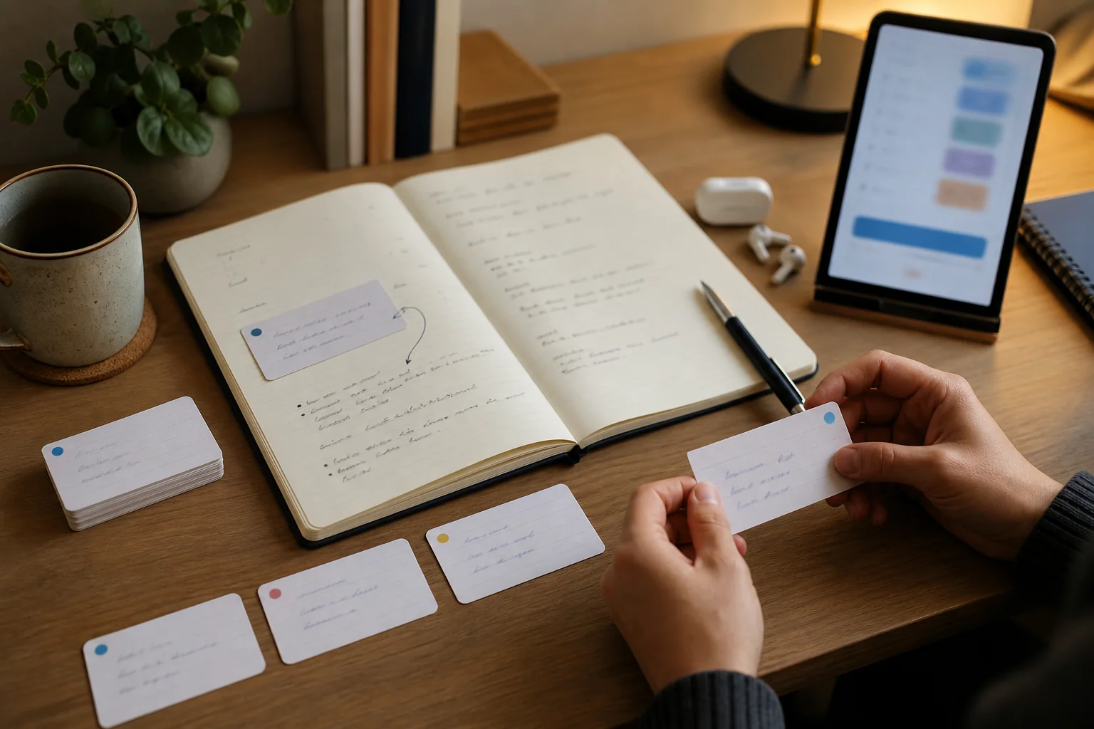 Mesa de estudo com flashcards de inglês organizados em contexto, caderno aberto com anotações desfocadas e fones de ouvido, em composição editorial horizontal.
