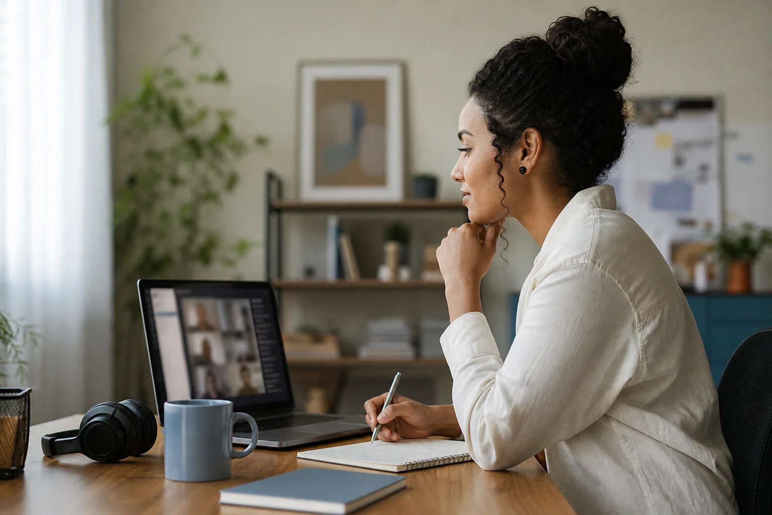 Profissional em home office usando notebook para se comunicar com o time remoto, em ambiente claro e organizado.