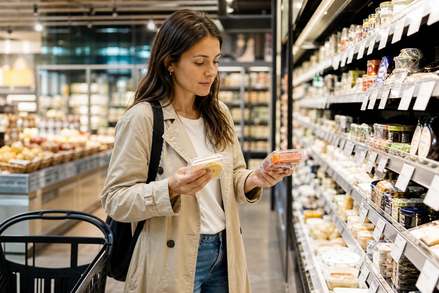 Pessoa em um supermercado no exterior compara produtos em um corredor, em uma cena editorial que transmite autonomia para fazer compras usando inglês prático.