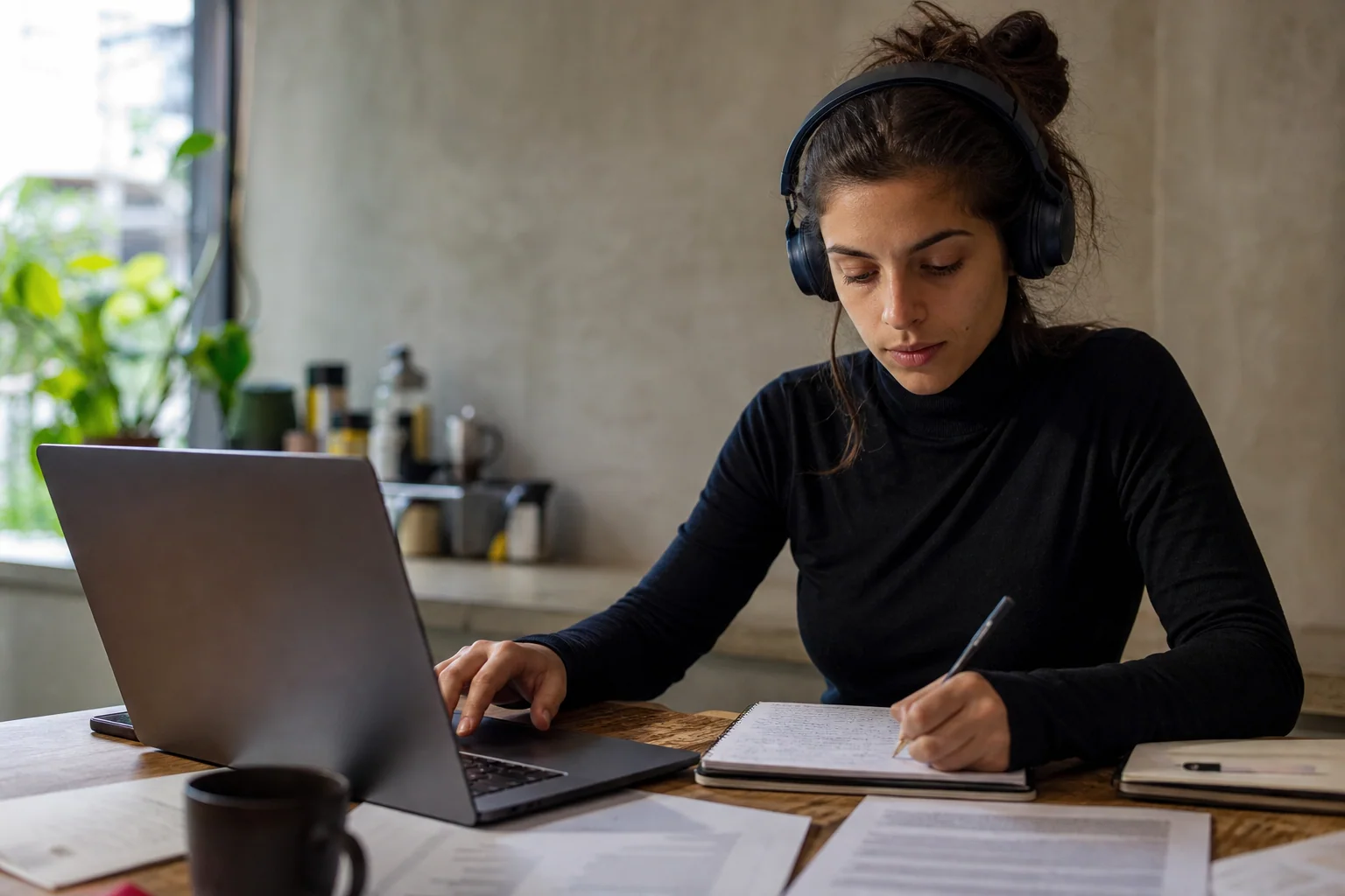 Jovem brasileira estudando inglês de forma prática em notebook e caderno, em ambiente simples e iluminado, sugerindo preparo para oportunidades internacionais.
