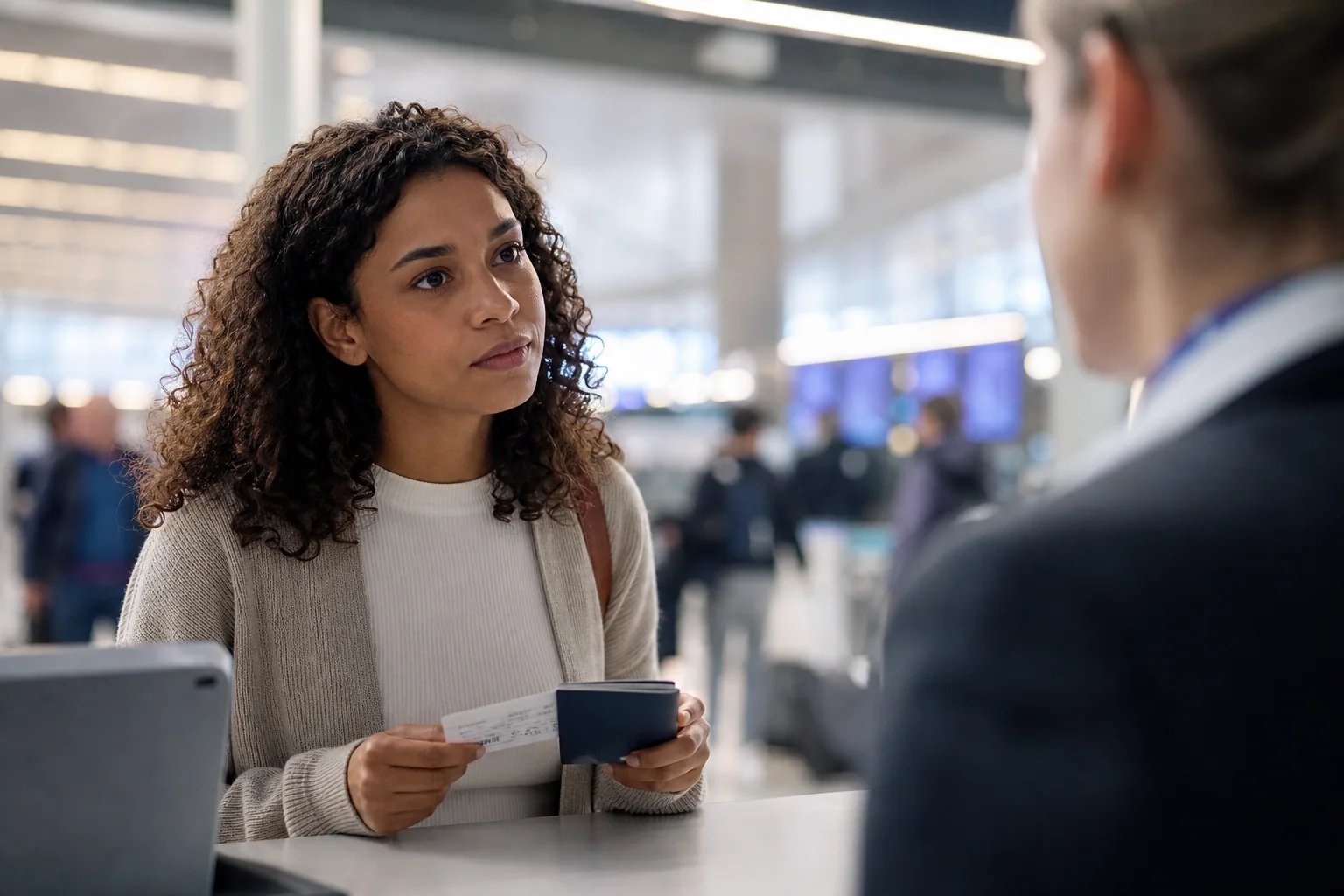 Viajante em aeroporto escuta atentamente um atendente durante o check-in, segurando passaporte e cartão de embarque em um ambiente moderno.