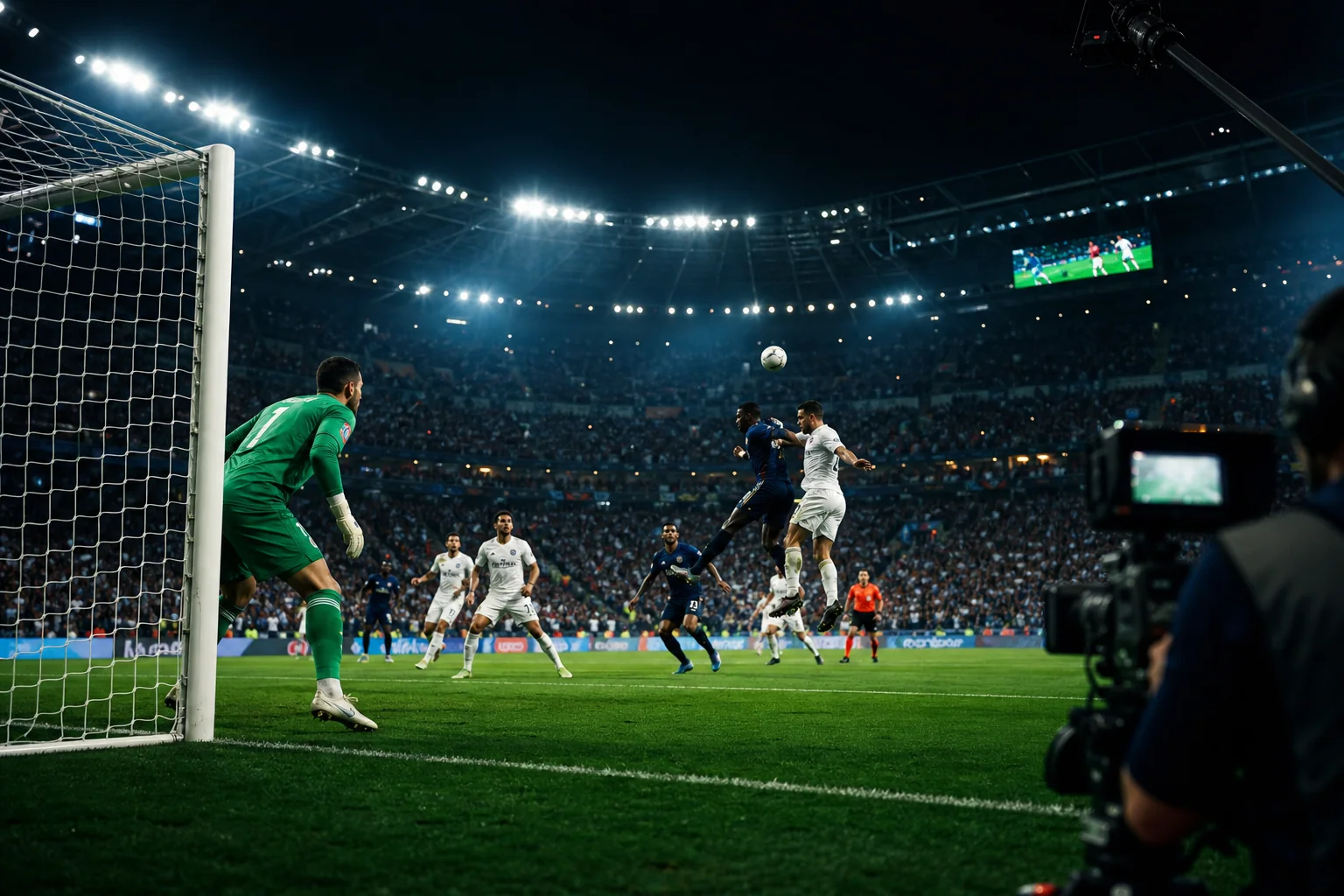 Cena de partida de futebol em estádio iluminado, com jogadores em ação e clima de cobertura esportiva internacional.