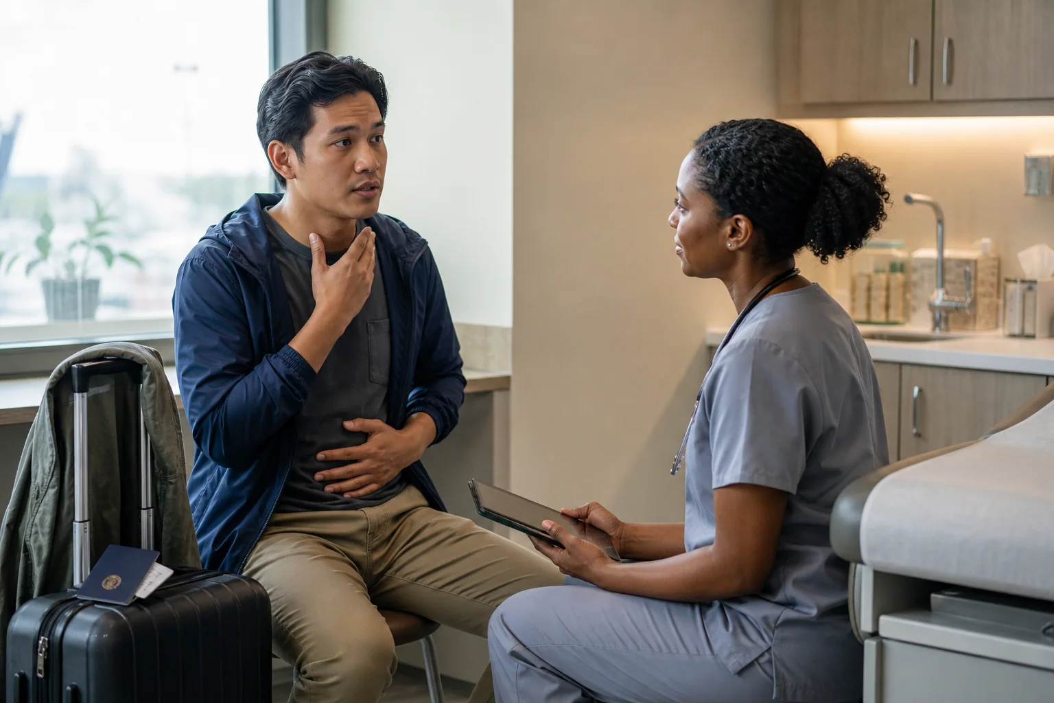 Viajante em uma clínica conversando com profissional de saúde e explicando sintomas durante uma consulta simples no exterior.
