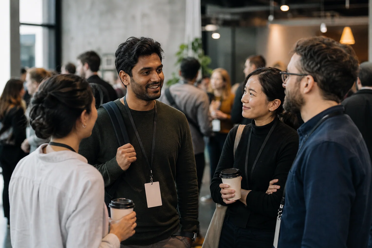 Grupo diverso conversando com naturalidade em um evento presencial, enquanto uma pessoa se integra à roda de conversa.