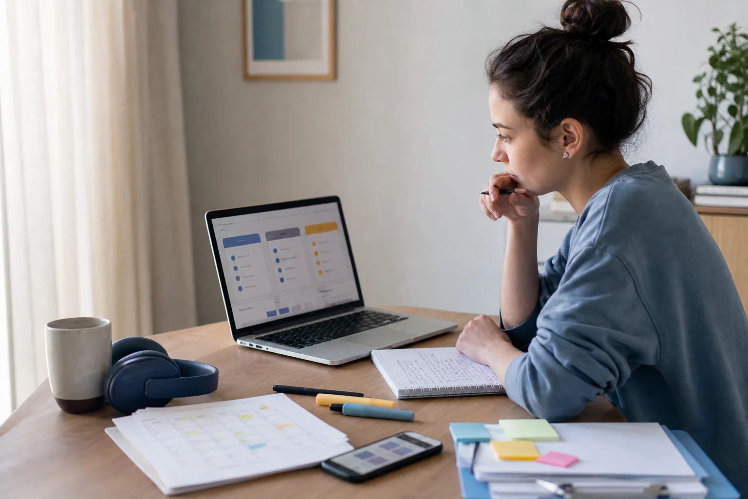 Pessoa analisando opções de cursos gratuitos de inglês em notebook com checklist e materiais de estudo em mesa organizada.