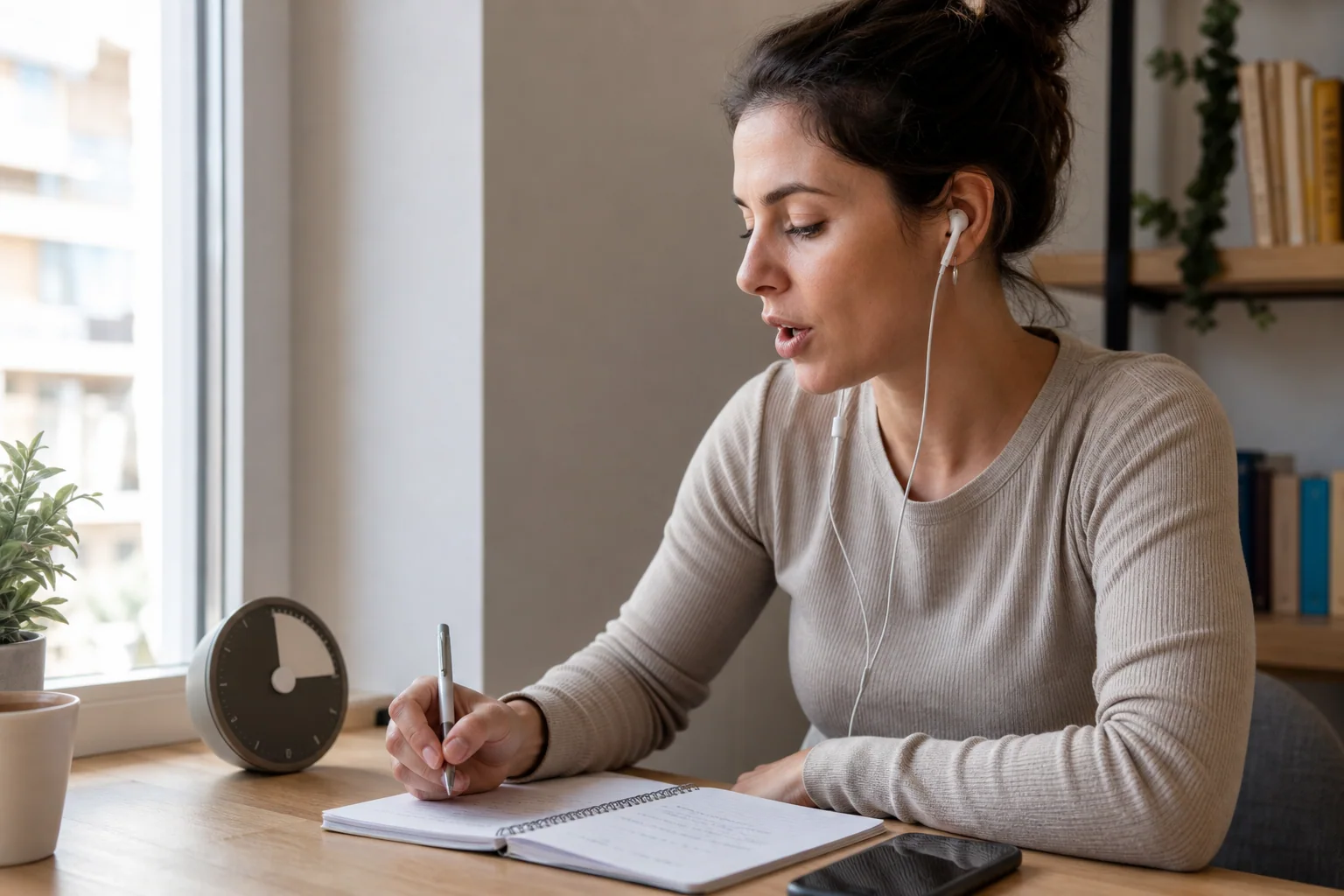 Pessoa estudando inglês em uma pausa curta, com celular, fones, caderno e prática de fala em uma mesa iluminada.