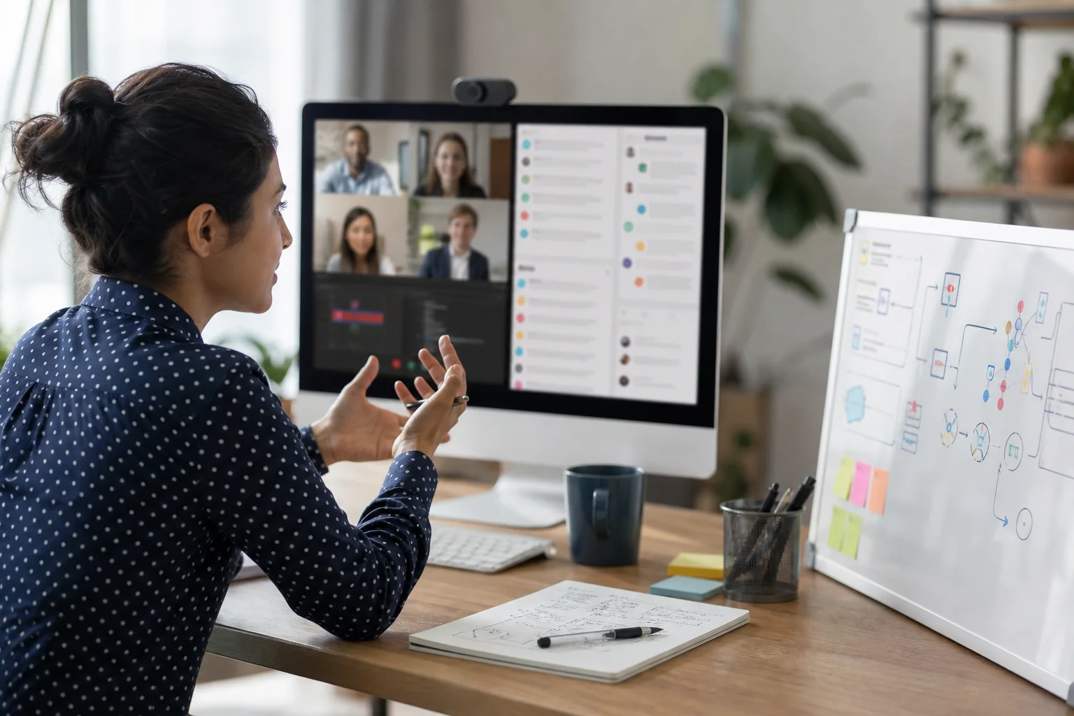 Desenvolvedor em reunião remota com interfaces técnicas desfocadas ao fundo, sugerindo revisão de código, chat e alinhamento de próximos passos.