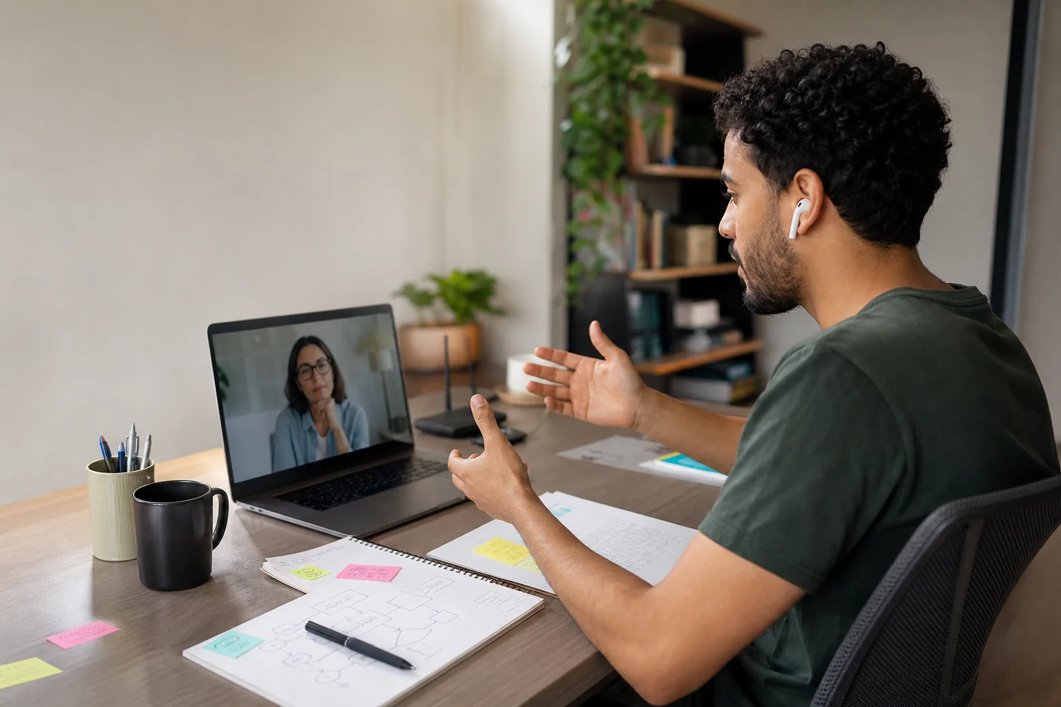 Desenvolvedor brasileiro em entrevista técnica por vídeo, explicando algo com calma em um home office organizado.