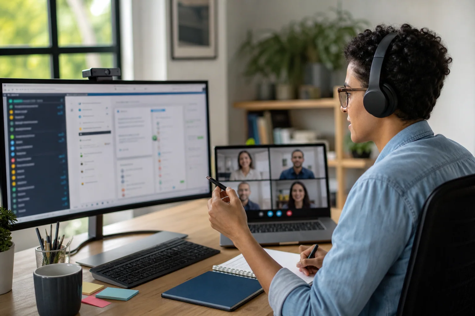 Profissional de tecnologia em call rápida, analisando interfaces genéricas de chat e revisão técnica para alinhar entendimento antes de agir.