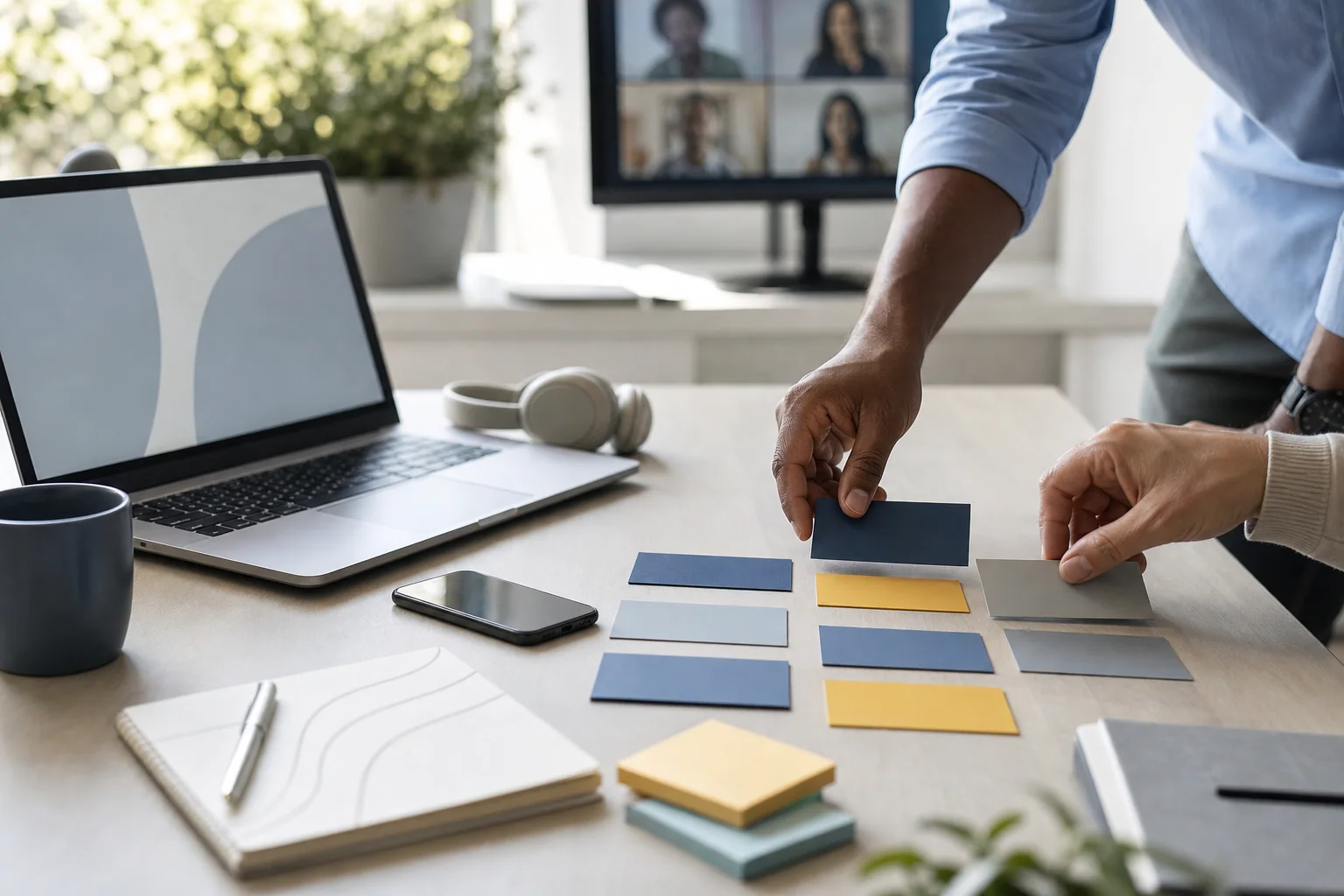 Mesa de trabalho em escritório híbrido com profissionais reorganizando cartões neutros ao lado de notebook e acessórios, sugerindo comunicação corporativa mais clara e sem excesso de jargão.