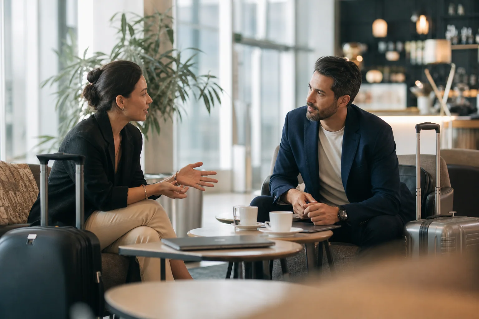 Duas pessoas conversam de forma natural em um lounge moderno entre contexto de trabalho e viagem, com malas discretas e clima acolhedor.
