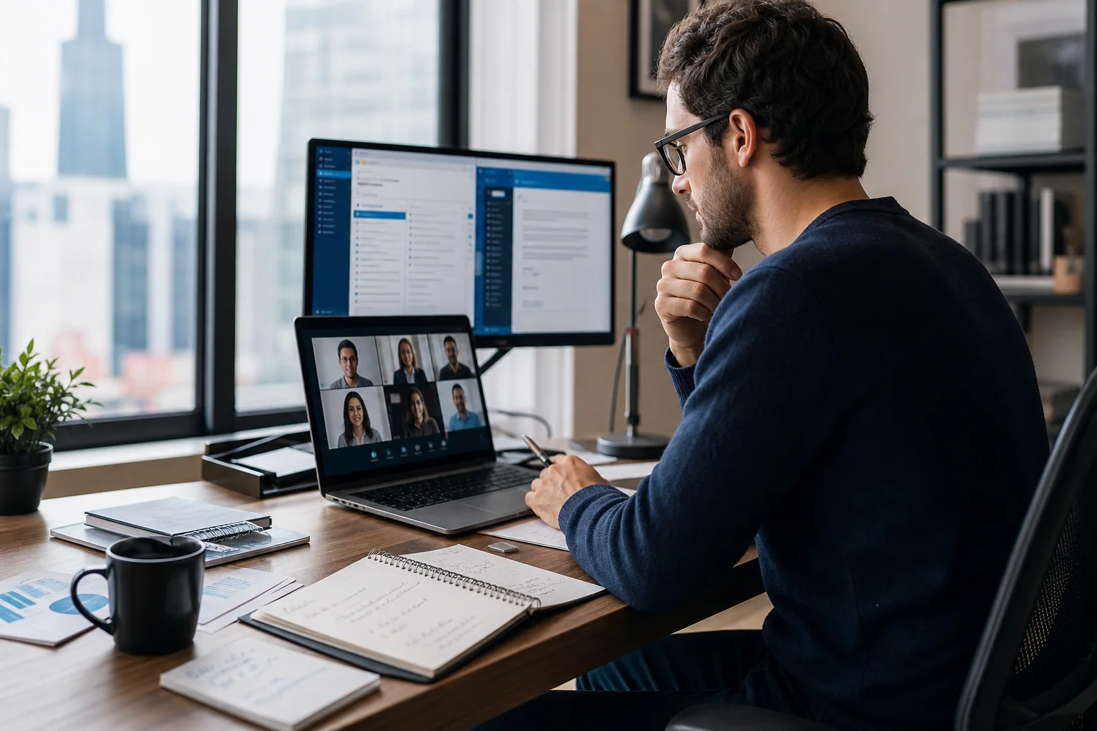 Profissional em ambiente de trabalho analisando e-mails, documentos e videoconferência, representando diferentes usos do inglês no trabalho.
