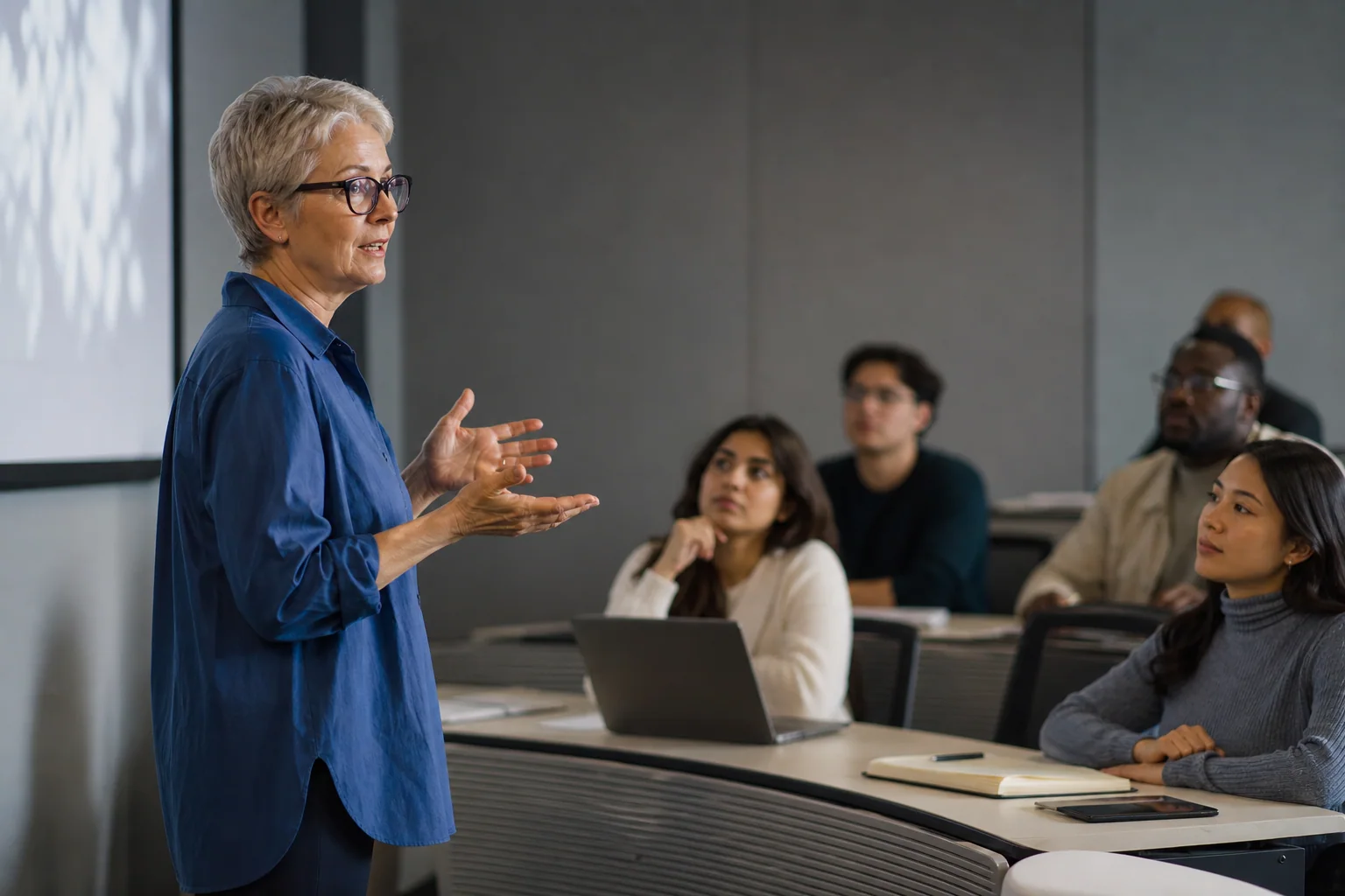 Professora ou pesquisadora explica uma ideia em inglês para um pequeno grupo em ambiente universitário, com gesto natural e público atento.